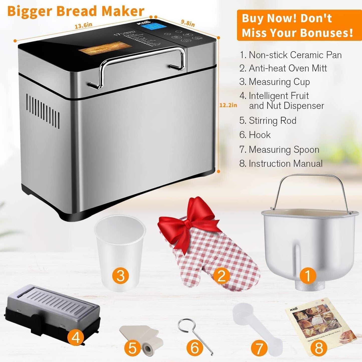 KBS Large 17-In-1 Bread Machine, 2LB All Stainless Steel Bread Maker with Auto Fruit Nut Dispenser, Nonstick Ceramic Pan, Full Touch Panel Tempered Glass, Reserve& Keep Warm Set, Oven Mitt and Recipes Animals & Pet Supplies > Pet Supplies > Dog Supplies > Dog Apparel KBS   