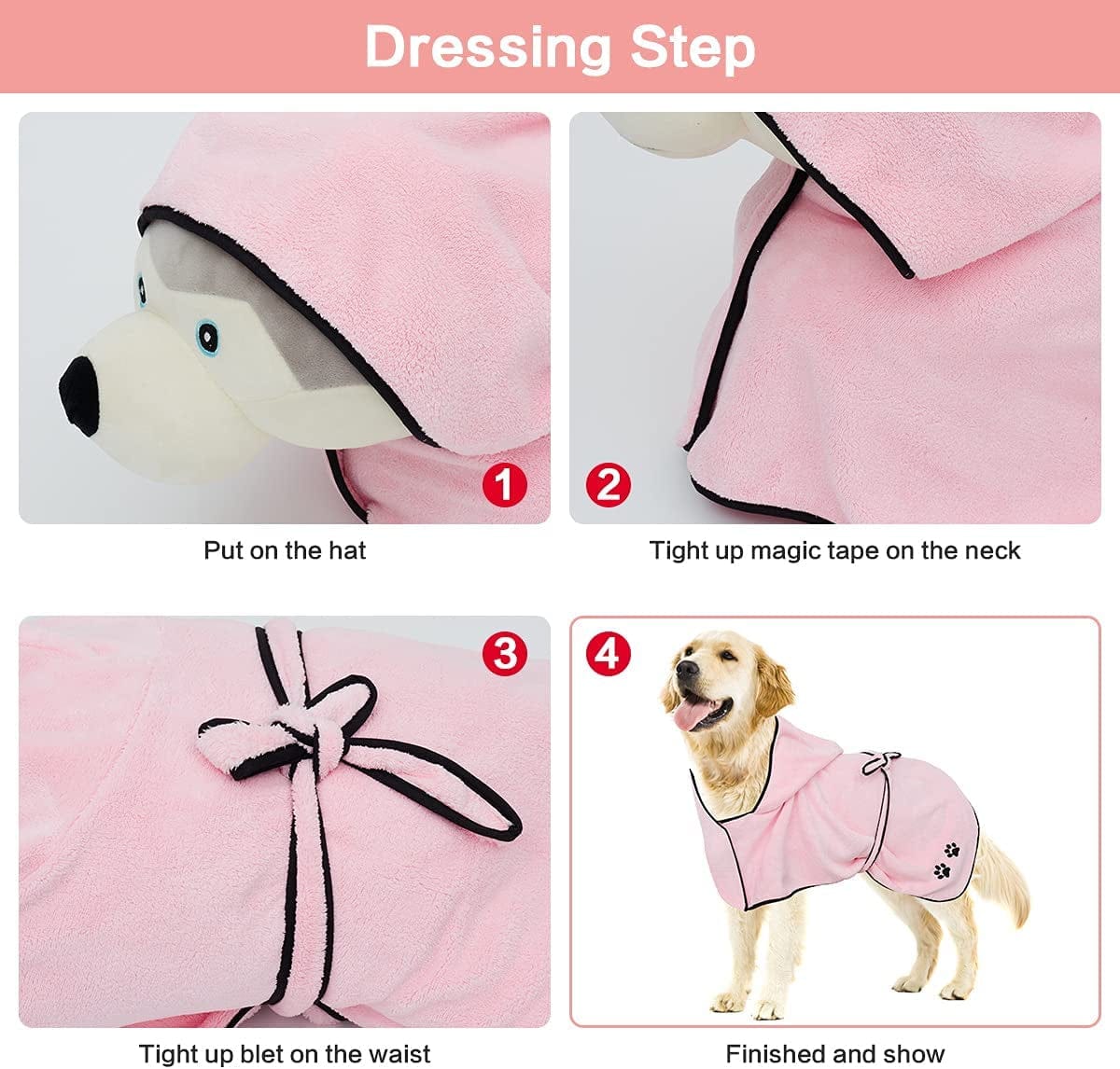 KKUYT Dog Bathrobe Towel, Super Absorbent Coral Fleece Pet Bathrobe Towel Quick Drying Dog Towels Robe for Large Dogs, Soft Dog Drying Robe with Hood & Belt for Bath Swim & Beach Trips - L Size Animals & Pet Supplies > Pet Supplies > Dog Supplies > Dog Apparel KKUYT   