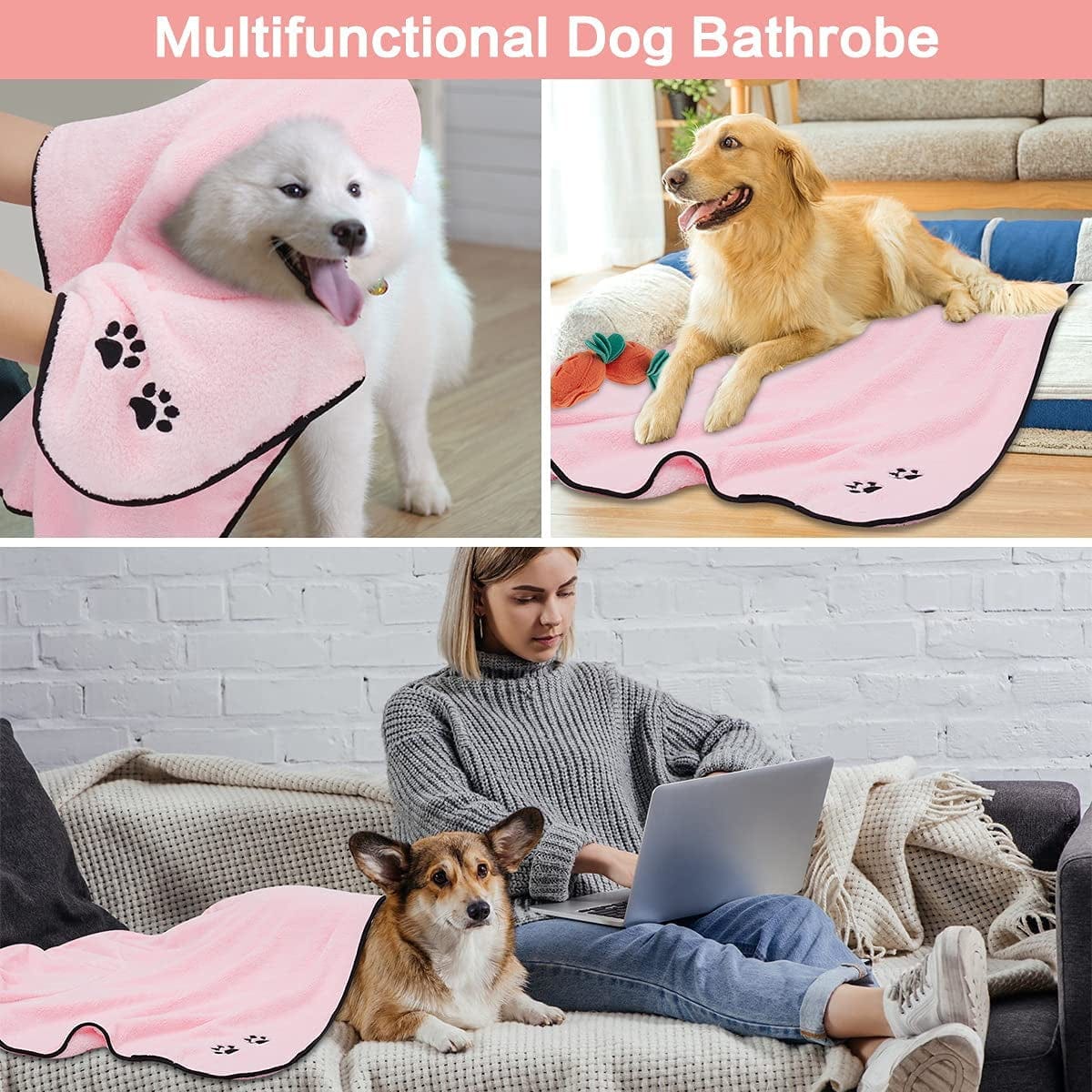 KKUYT Dog Bathrobe Towel, Super Absorbent Coral Fleece Pet Bathrobe Towel Quick Drying Dog Towels Robe for Large Dogs, Soft Dog Drying Robe with Hood & Belt for Bath Swim & Beach Trips - L Size Animals & Pet Supplies > Pet Supplies > Dog Supplies > Dog Apparel KKUYT   