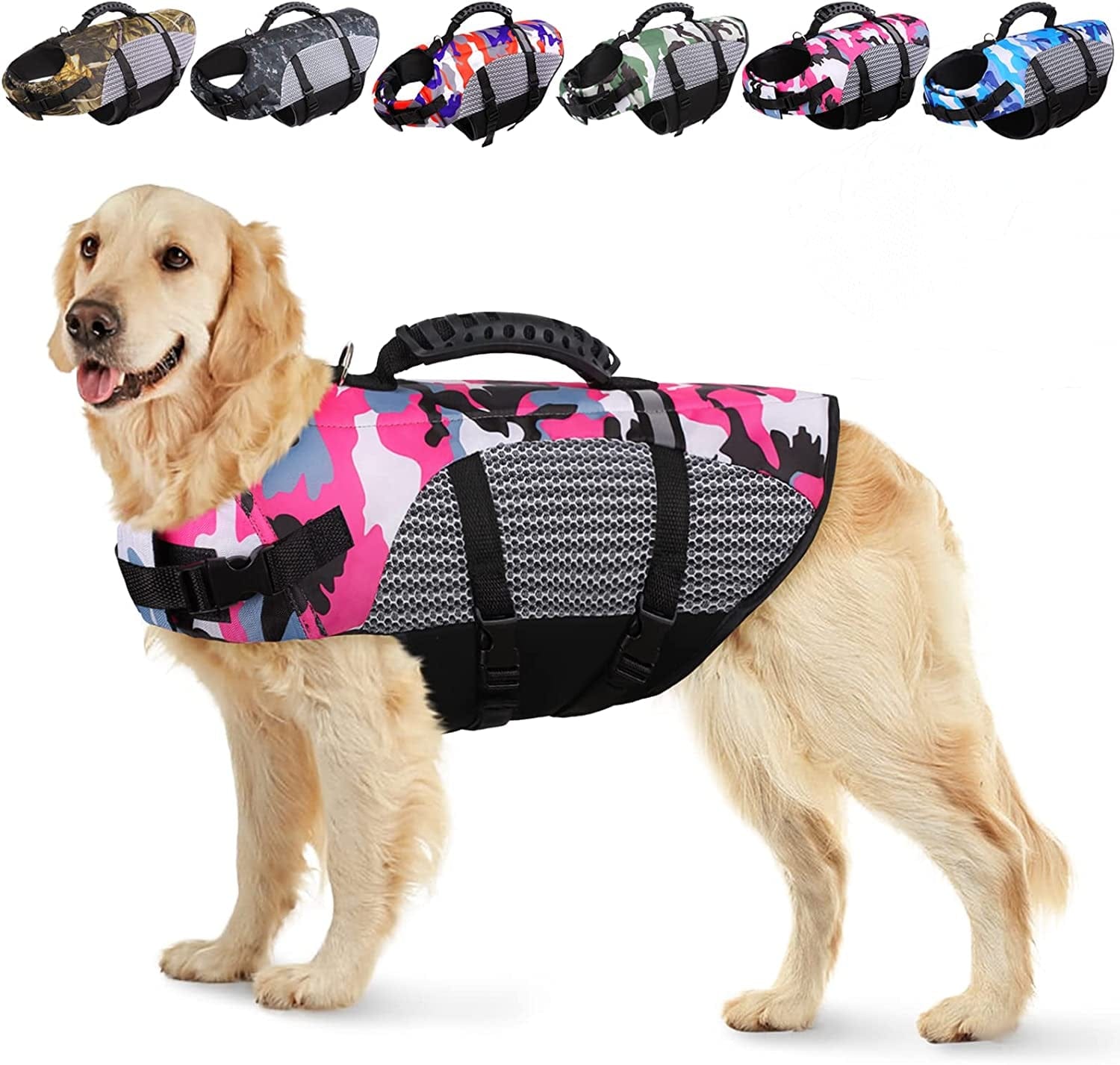 KOESON Dog Life Jacket Ripstop Pet Safety Life Vest, Adjustable Dogs Lifesaver Vest with Enhanced Buoyancy and Rescue Handle, Camouflage Swimsuit Preserver for Small Medium and Large Dogs (Orange, M) Animals & Pet Supplies > Pet Supplies > Dog Supplies > Dog Apparel KOESON Pink XX-Large 