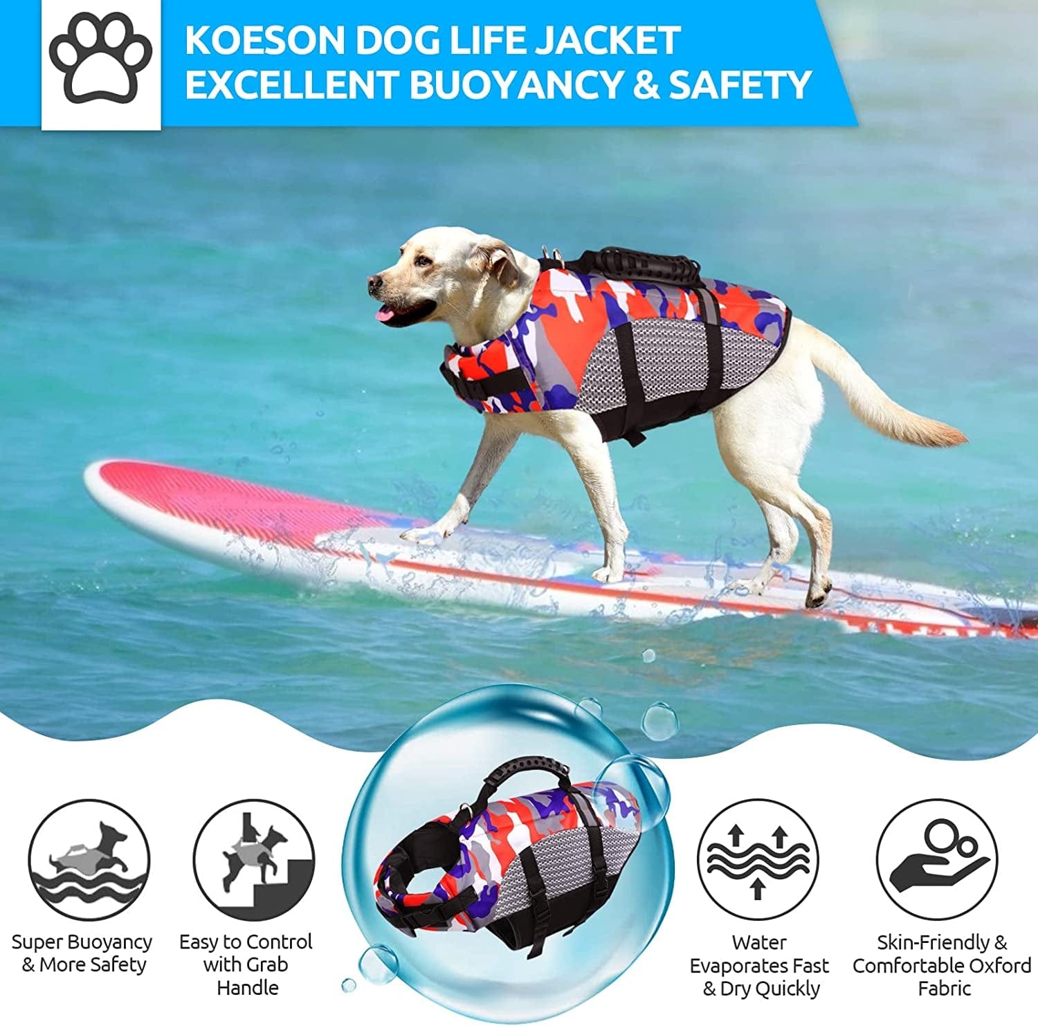KOESON Dog Life Jacket Ripstop Pet Safety Life Vest, Adjustable Dogs Lifesaver Vest with Enhanced Buoyancy and Rescue Handle, Camouflage Swimsuit Preserver for Small Medium and Large Dogs (Orange, M) Animals & Pet Supplies > Pet Supplies > Dog Supplies > Dog Apparel KOESON   