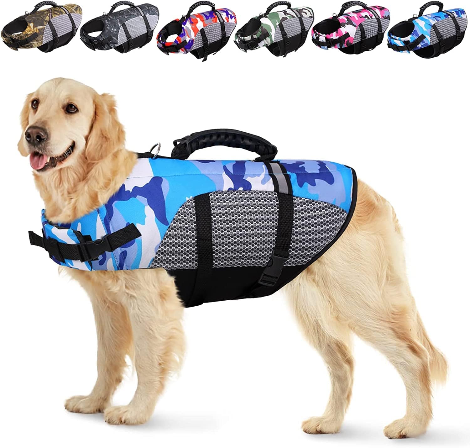 KOESON Dog Life Jacket Ripstop Pet Safety Life Vest, Adjustable Dogs Lifesaver Vest with Enhanced Buoyancy and Rescue Handle, Camouflage Swimsuit Preserver for Small Medium and Large Dogs (Orange, M) Animals & Pet Supplies > Pet Supplies > Dog Supplies > Dog Apparel KOESON Blue Small 