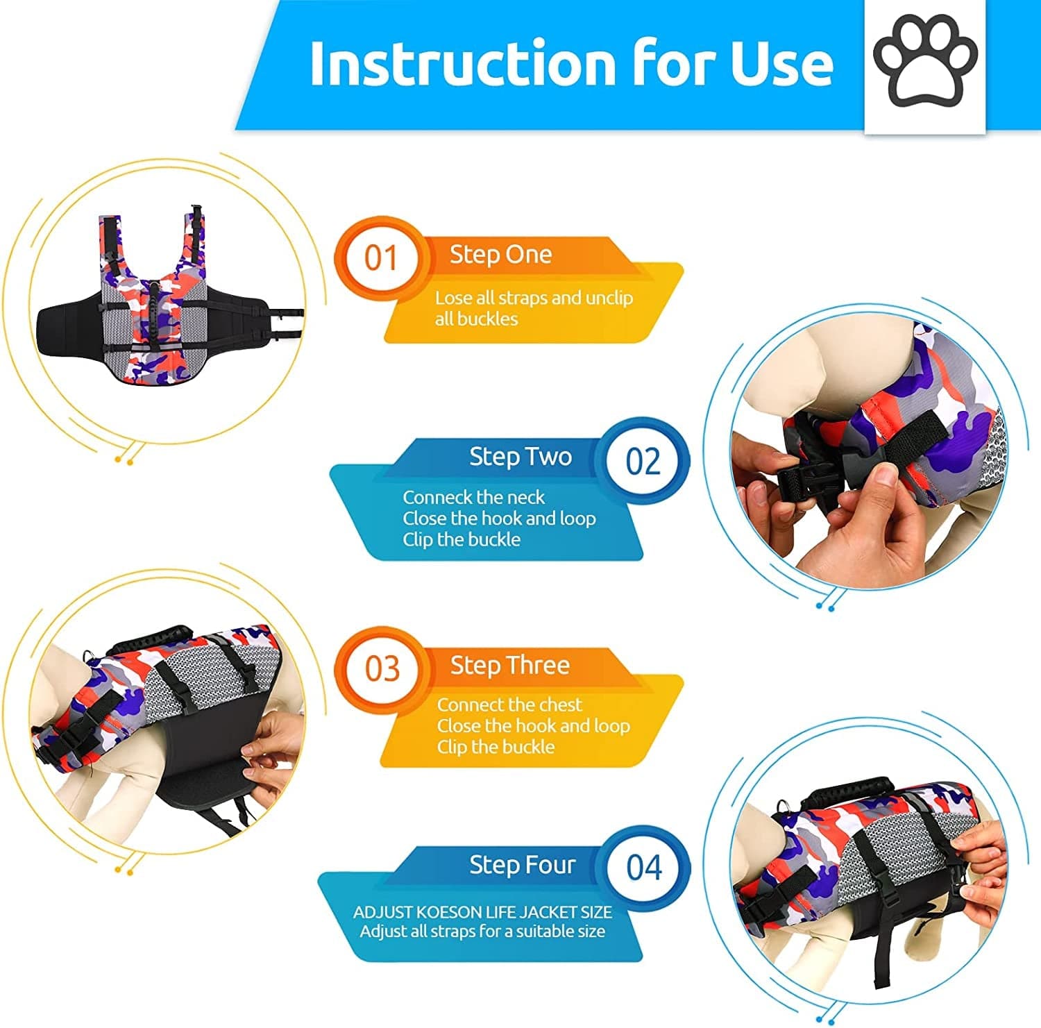 KOESON Dog Life Jacket Ripstop Pet Safety Life Vest, Adjustable Dogs Lifesaver Vest with Enhanced Buoyancy and Rescue Handle, Camouflage Swimsuit Preserver for Small Medium and Large Dogs (Orange, M) Animals & Pet Supplies > Pet Supplies > Dog Supplies > Dog Apparel KOESON   