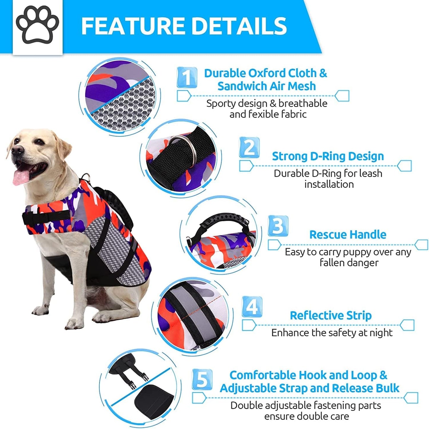 KOESON Dog Life Jacket Ripstop Pet Safety Life Vest, Adjustable Dogs Lifesaver Vest with Enhanced Buoyancy and Rescue Handle, Camouflage Swimsuit Preserver for Small Medium and Large Dogs (Orange, M) Animals & Pet Supplies > Pet Supplies > Dog Supplies > Dog Apparel KOESON   