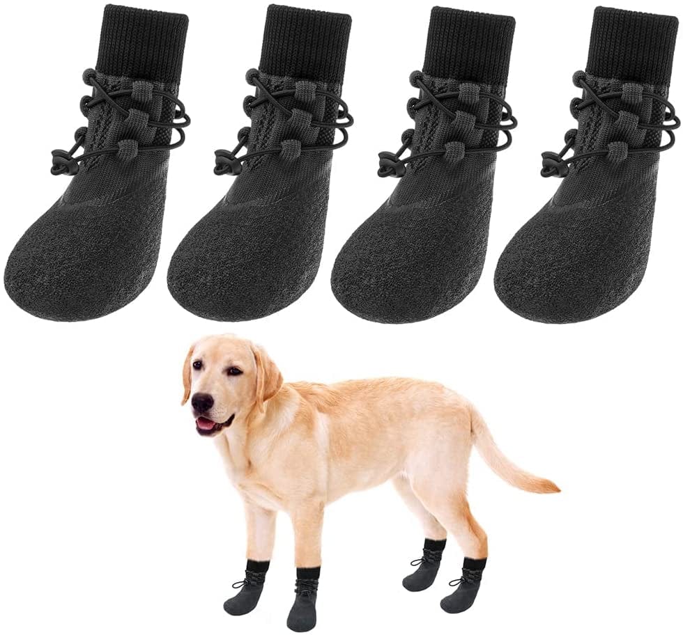 KOOLTAIL Anti-Slip Dog Boots 4 Packs - Adjustable Dog Socks with Shoelace, Waterproof Dog Sock Shoe for All Seasons, Super Durable Pet Paw Protector for Indoor and Outdoor, Medium and Large Dogs