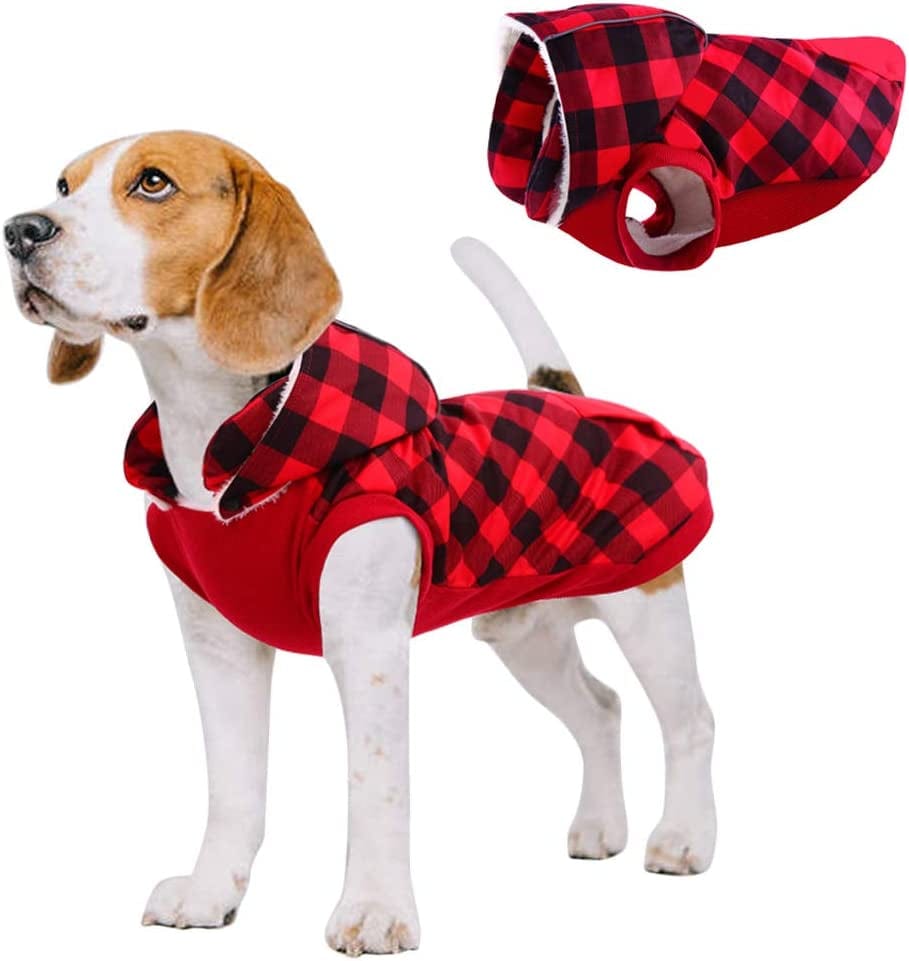 Kuoser British Style Plaid Dog Winter Coat, Windproof Cozy Cold Weather Dog Coat Fleece Lining Dog Apparel Reflective Dog Jacket Dog Vest for Small Medium Dogs with Removable Hat（Xxs-3Xl） Animals & Pet Supplies > Pet Supplies > Dog Supplies > Dog Apparel Kuoser Red X-Large (Pack of 1) 