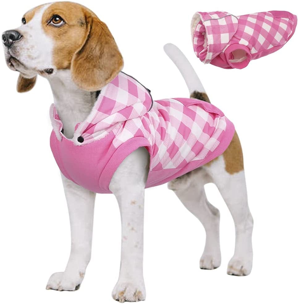 Kuoser British Style Plaid Dog Winter Coat, Windproof Cozy Cold Weather Dog Coat Fleece Lining Dog Apparel Reflective Dog Jacket Dog Vest for Small Medium Dogs with Removable Hat（Xxs-3Xl） Animals & Pet Supplies > Pet Supplies > Dog Supplies > Dog Apparel Kuoser Pink X-Large (Pack of 1) 