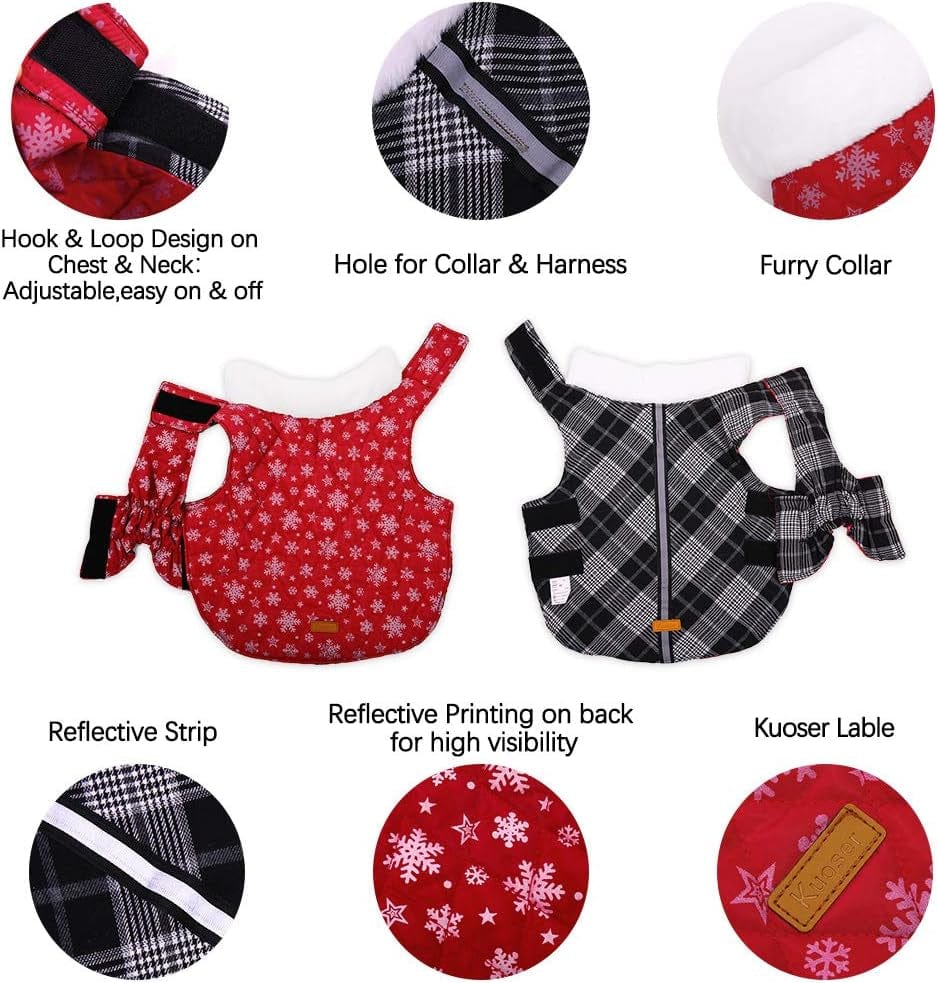 Kuoser Christmas Dog Coat, Warm Reversible Dog Winter Coat, Reflective Waterproof Dog Snow Jacket Dog Clothes Vest for Small Medium Large Dogs with Plush Collar XS-2XL Animals & Pet Supplies > Pet Supplies > Dog Supplies > Dog Apparel Kuoser   