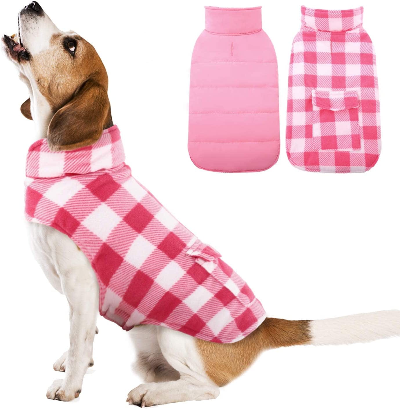 Kuoser Cozy Dog Winter Coat, Windproof Dog Jacket British Style Plaid Cold Weather Dog Coat Reversible Warm Dog Vest for Small Medium Large Dogs Red L Animals & Pet Supplies > Pet Supplies > Dog Supplies > Dog Apparel Kuoser Pink Large (Chest Girth: 20.9-24.4'') 