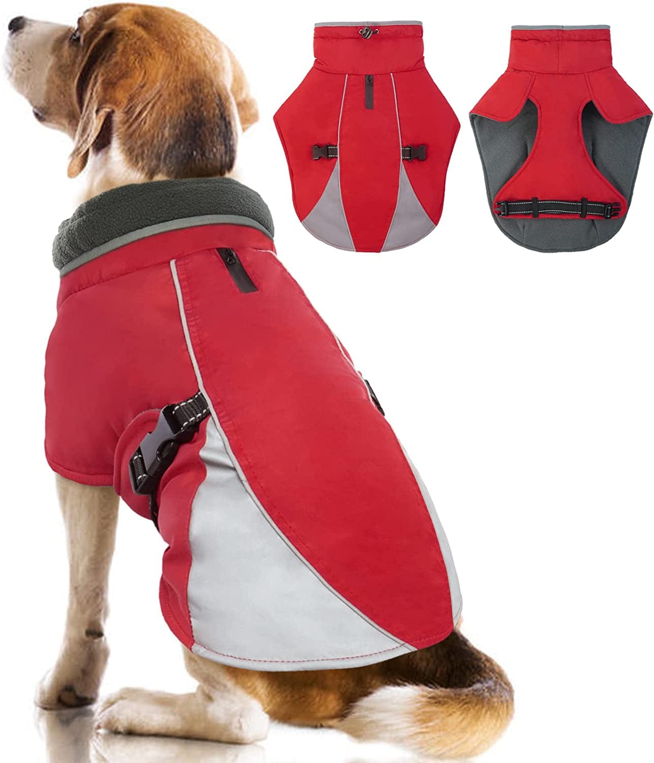 Kuoser Dog Cold Weather Coat, Windproof Puppy Winter Coats Reflective Dogs Warm Clothes, Snow-Proof Dog Turtleneck Jacket Thicken Fleece Lining Pet Outfit, Works with Harness, S - 3XL Animals & Pet Supplies > Pet Supplies > Dog Supplies > Dog Apparel Kuoser Red Large (Chest Girth: 20.8" - 24.4" 