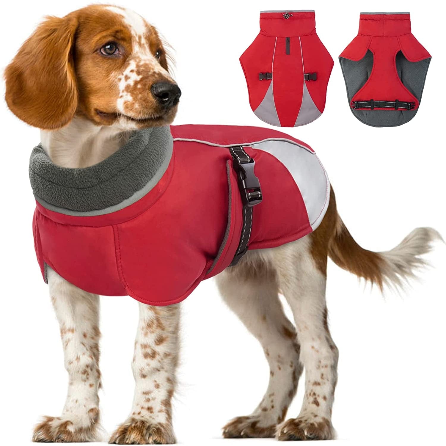 Kuoser Dog Cold Weather Coat, Windproof Puppy Winter Coats Reflective Dogs Warm Clothes, Snow-Proof Dog Turtleneck Jacket Thicken Fleece Lining Pet Outfit, Works with Harness, S - 3XL Animals & Pet Supplies > Pet Supplies > Dog Supplies > Dog Apparel Kuoser Red Medium (Chest Girth: 17.3" - 20.8") 