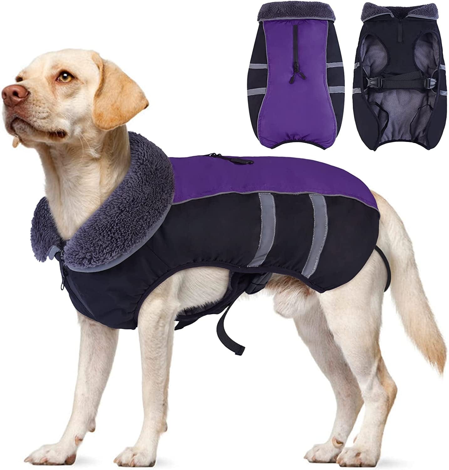 Kuoser Dog Winter Coat with Plush Collar, Waterproof&Windproof Pet Warm Jacket with Harness Hole, Reflective Puppy Cold Weather Vest, Cozy Pet Fleece Lined Outdoor Clothes for Small Medium Large Dogs Animals & Pet Supplies > Pet Supplies > Dog Supplies > Dog Apparel Kuoser Purple XXX-Large (Pack of 1) 