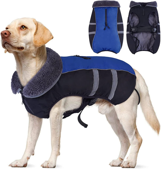 Kuoser Dog Winter Coat with Plush Collar, Waterproof&Windproof Pet Warm Jacket with Harness Hole, Reflective Puppy Cold Weather Vest, Cozy Pet Fleece Lined Outdoor Clothes for Small Medium Large Dogs Animals & Pet Supplies > Pet Supplies > Dog Supplies > Dog Apparel Kuoser Blue XXX-Large (Pack of 1) 