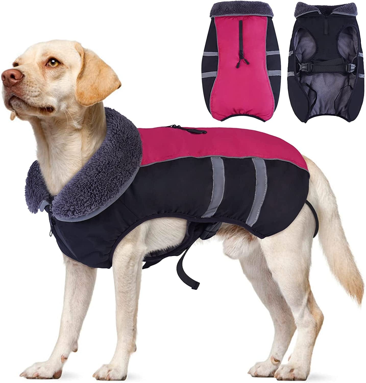 Kuoser Dog Winter Coat with Plush Collar, Waterproof&Windproof Pet Warm Jacket with Harness Hole, Reflective Puppy Cold Weather Vest, Cozy Pet Fleece Lined Outdoor Clothes for Small Medium Large Dogs Animals & Pet Supplies > Pet Supplies > Dog Supplies > Dog Apparel Kuoser Rose Red Small (Pack of 1) 