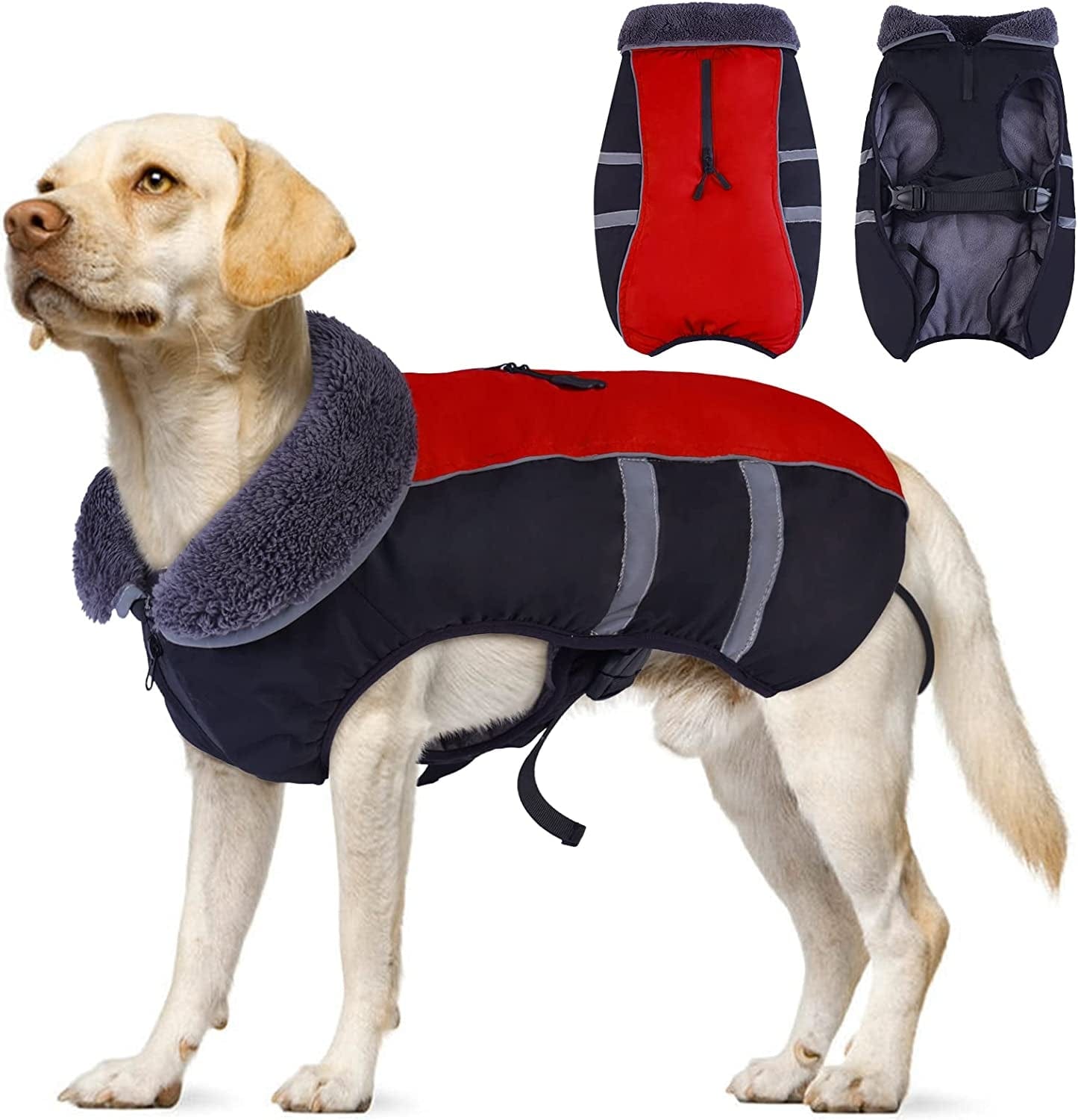 Kuoser Dog Winter Coat with Plush Collar, Waterproof&Windproof Pet Warm Jacket with Harness Hole, Reflective Puppy Cold Weather Vest, Cozy Pet Fleece Lined Outdoor Clothes for Small Medium Large Dogs Animals & Pet Supplies > Pet Supplies > Dog Supplies > Dog Apparel Kuoser Red XXX-Large (Pack of 1) 