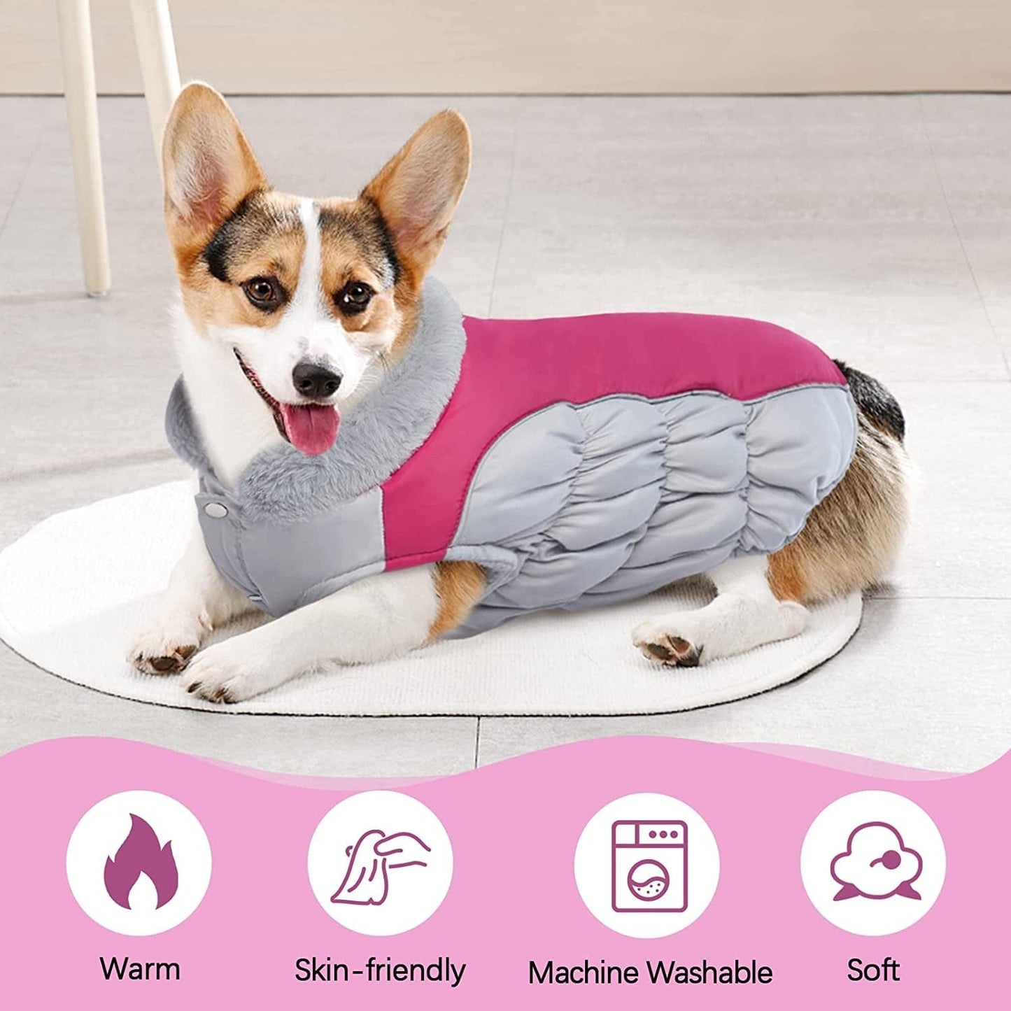 Kuoser Padded Dog Coat, Warm Dog Jacket with Thicken Furry Collar, Dog Cold Weather Coats for Small Medium Dogs Reflective Windproof Dog Clothes XS-XL Animals & Pet Supplies > Pet Supplies > Dog Supplies > Dog Apparel Kuoser   