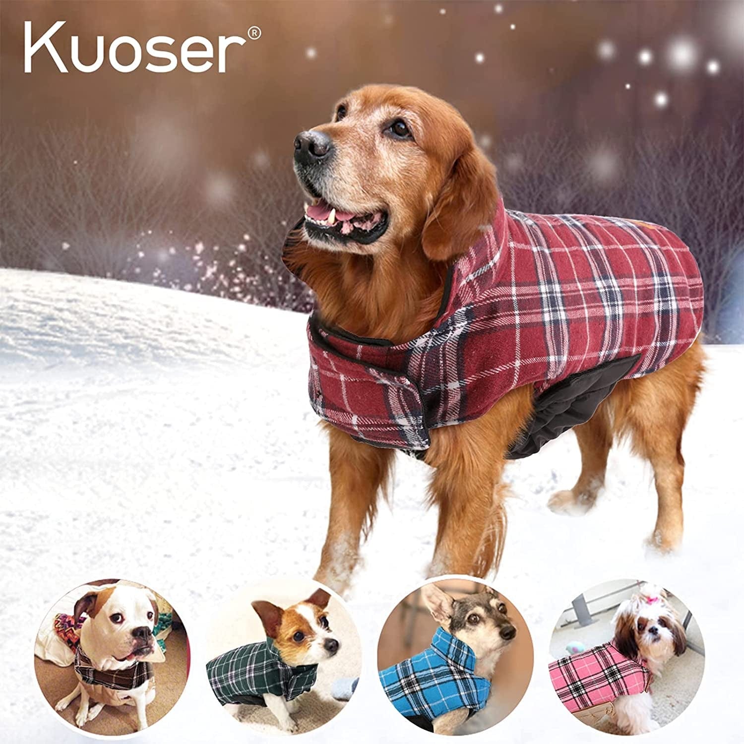 Kuoser Warm Dog Coat, Reversible Dog Jacket Waterproof Dog Winter Coat British Style Plaid Dog Clothes Pet Dog Cold Weather Coats Cozy Snow Jacket Vest for Small Medium Large Dogs Red M