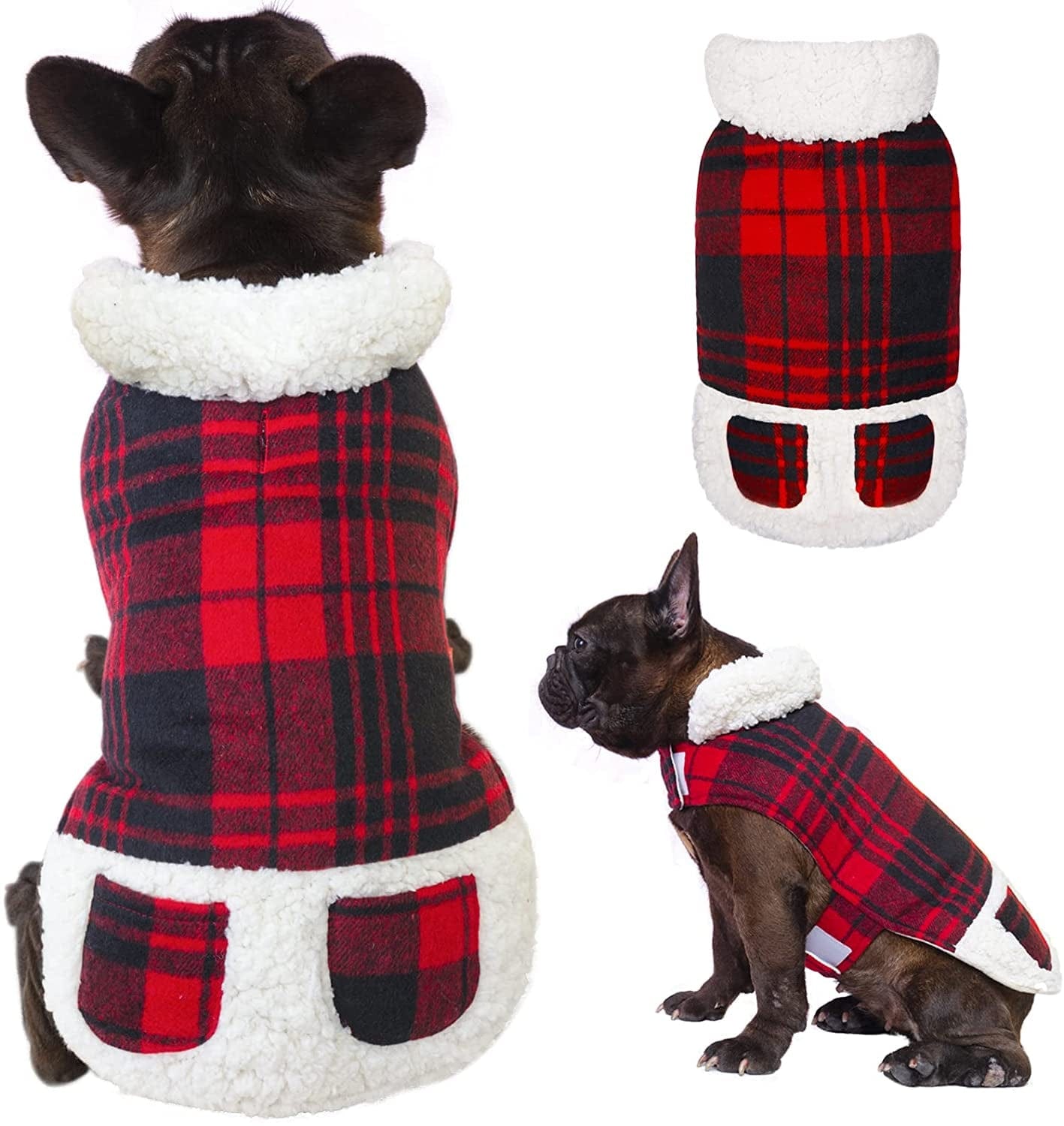 KYEESE Dog Jacket Checked Plaid with Leash Hole for Winter Windproof Soft Warm Lined Small Dogs Vest Cold Weather Coats with Pocket Animals & Pet Supplies > Pet Supplies > Dog Supplies > Dog Apparel kyeese Red L (18-24lbs) 