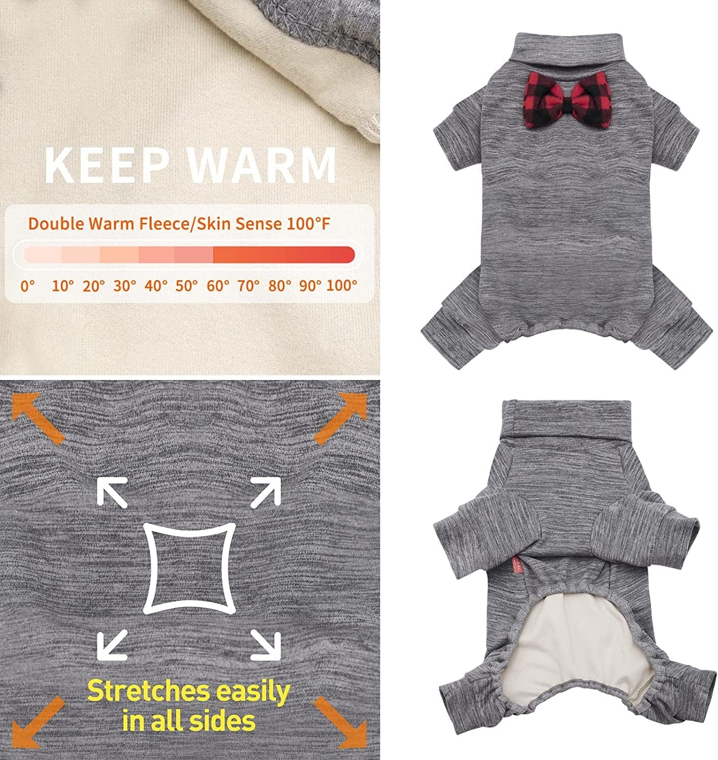 KYEESE Dog Pajamas for Small Dogs Turtleneck Stretchy Dog Pjs Super Soft Warm Material Dog Onesie with Bowtie Cold Weather Coat, Grey,L Animals & Pet Supplies > Pet Supplies > Dog Supplies > Dog Apparel kyeese   