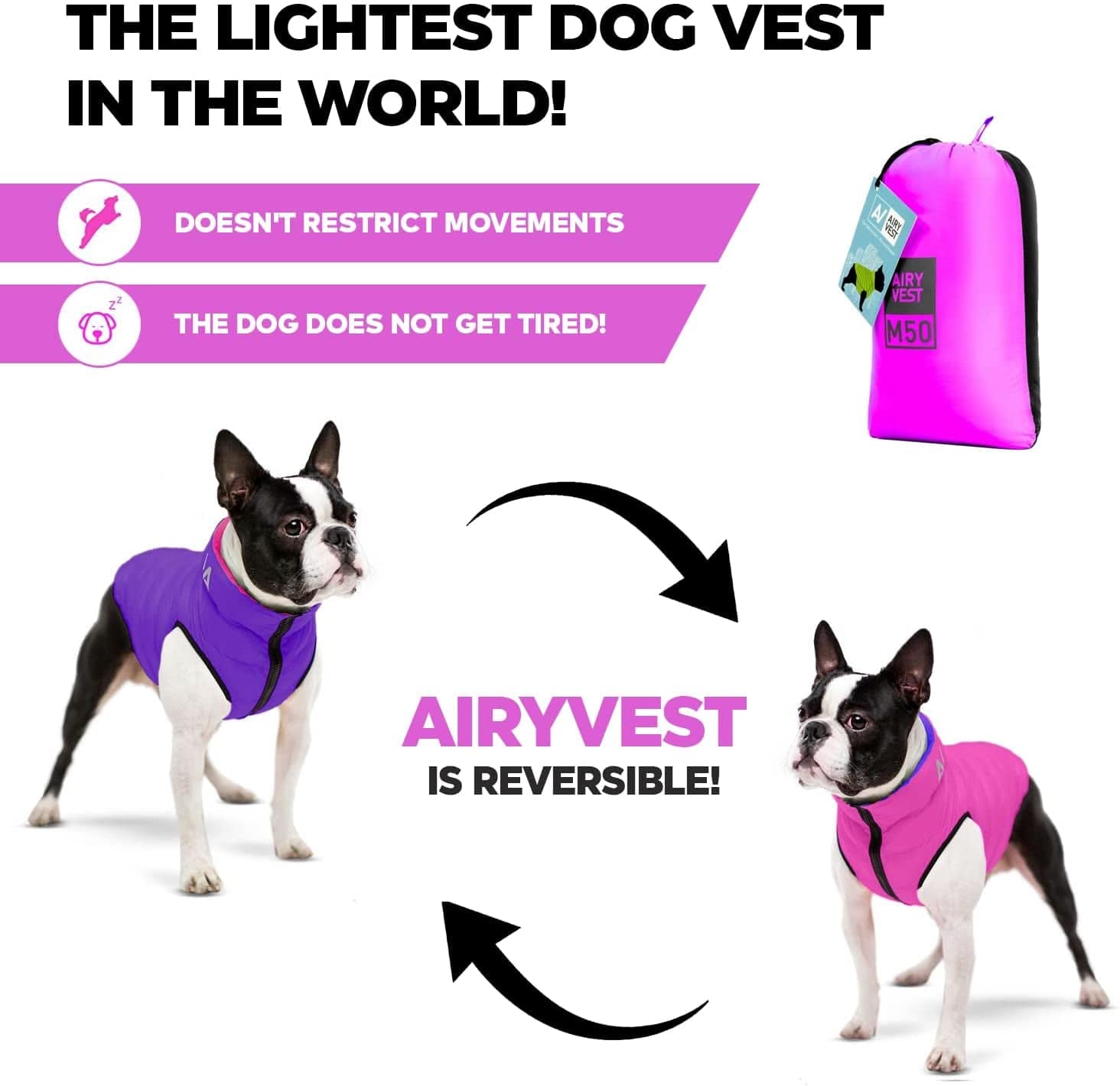 Lightweight Reversible Winter Dog Coat - Warm Dog Jacket - Water Resistant Windproof - Insulated Dog Jacket for Small, Medium & Large Dogs - Comfortable Dog Puffer Vest - S 35- Pink Purple Animals & Pet Supplies > Pet Supplies > Dog Supplies > Dog Apparel AiryVest   