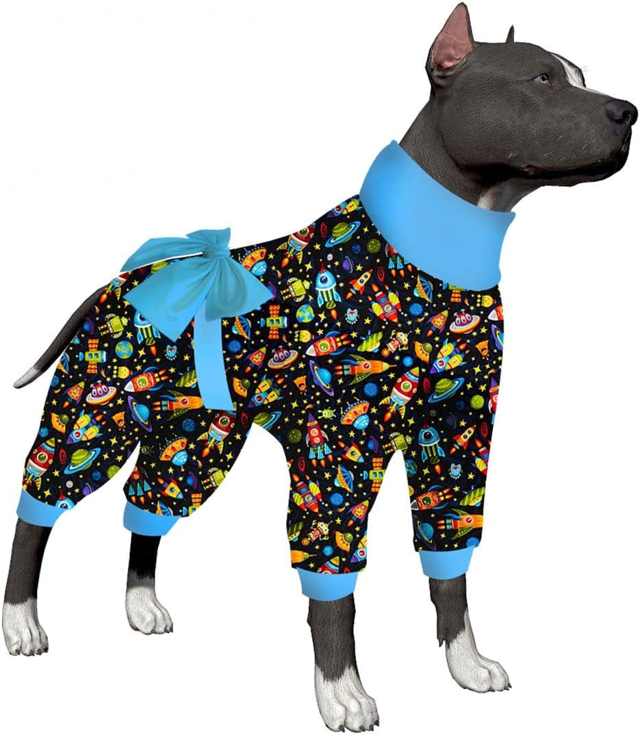 Lovinpet Large Dog Onesie Pajamas, UV Protection, Anxiety Calming Dog Pajamas under Dog Coats as Bottoming, 4 Legged Large Dog Jumpsuit, Stretchable Fun Happy Dinos Yellow Prints Pajamas for Big Dogs Animals & Pet Supplies > Pet Supplies > Dog Supplies > Dog Apparel LovinPet Black/Blue collar XXX-Large 