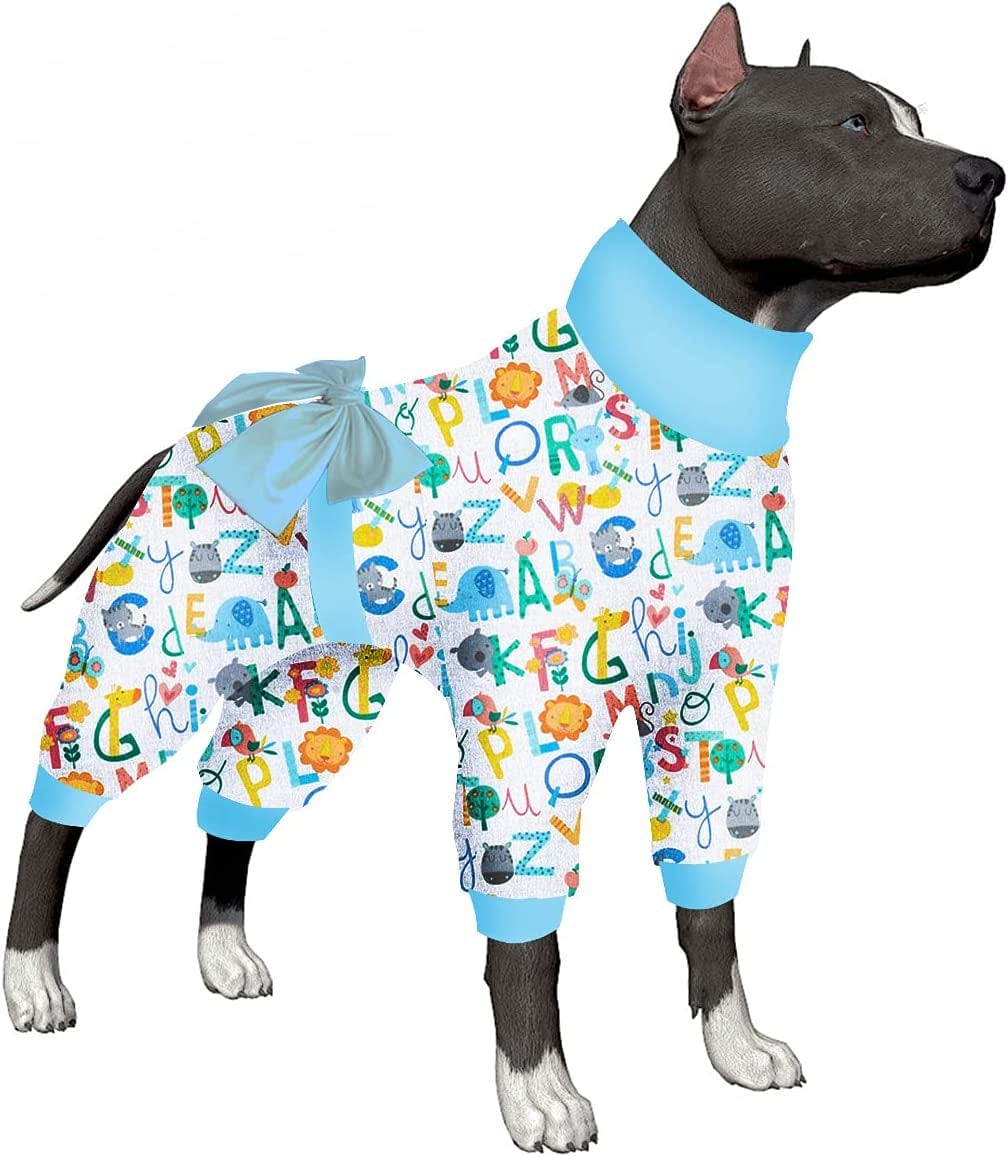 Lovinpet Large Dog Onesie Pajamas, UV Protection, Anxiety Calming Dog Pajamas under Dog Coats as Bottoming, 4 Legged Large Dog Jumpsuit, Stretchable Fun Happy Dinos Yellow Prints Pajamas for Big Dogs Animals & Pet Supplies > Pet Supplies > Dog Supplies > Dog Apparel LovinPet White/Blue Medium 