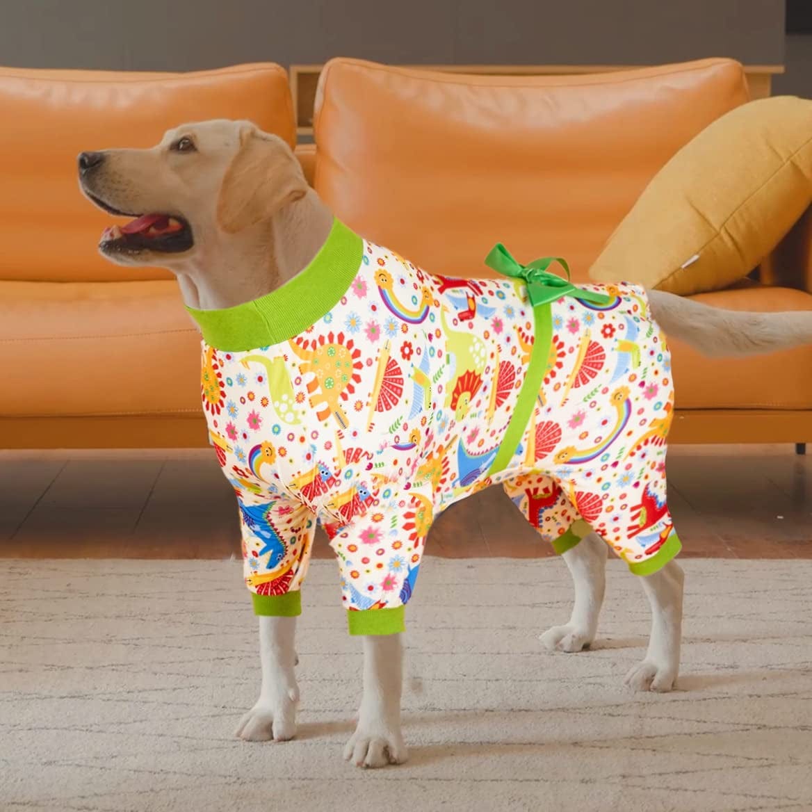 Lovinpet Large Dog Onesie Pajamas, UV Protection, Anxiety Calming Dog Pajamas under Dog Coats as Bottoming, 4 Legged Large Dog Jumpsuit, Stretchable Fun Happy Dinos Yellow Prints Pajamas for Big Dogs Animals & Pet Supplies > Pet Supplies > Dog Supplies > Dog Apparel LovinPet   