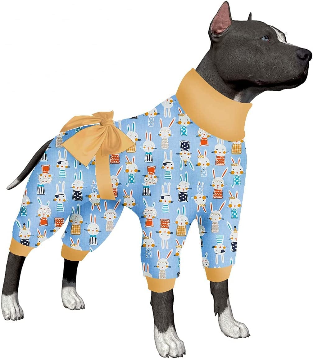 Lovinpet Large Dog Onesie Pajamas, UV Protection, Anxiety Calming Dog Pajamas under Dog Coats as Bottoming, 4 Legged Large Dog Jumpsuit, Stretchable Fun Happy Dinos Yellow Prints Pajamas for Big Dogs Animals & Pet Supplies > Pet Supplies > Dog Supplies > Dog Apparel LovinPet Blue/Yellow Large 