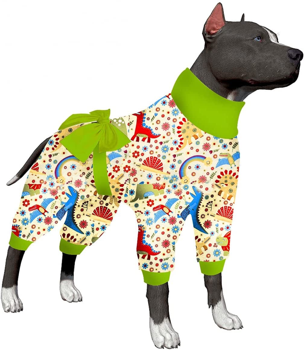 Lovinpet Large Dog Onesie Pajamas, UV Protection, Anxiety Calming Dog Pajamas under Dog Coats as Bottoming, 4 Legged Large Dog Jumpsuit, Stretchable Fun Happy Dinos Yellow Prints Pajamas for Big Dogs Animals & Pet Supplies > Pet Supplies > Dog Supplies > Dog Apparel LovinPet Yellow/Green XX-Large 