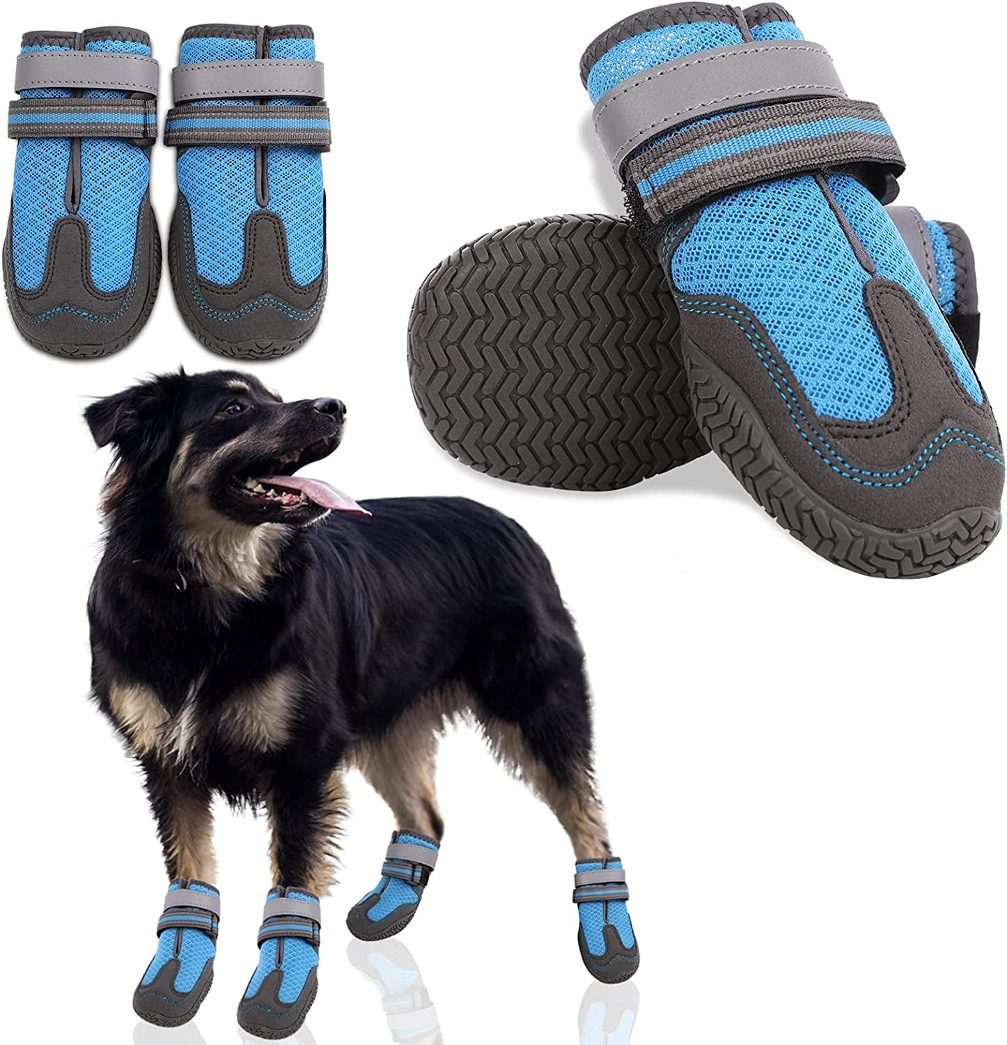 MAZORT Dog Shoes for Hot Pavement, Anti-Slip Breathable Dog Boots with Reflective & Adjustable Straps, Puppy Booties Paw Protectors for Medium Large Dogs, 4Pcs (6#, Blue) Animals & Pet Supplies > Pet Supplies > Dog Supplies > Dog Apparel MAZORT Blue 6# 