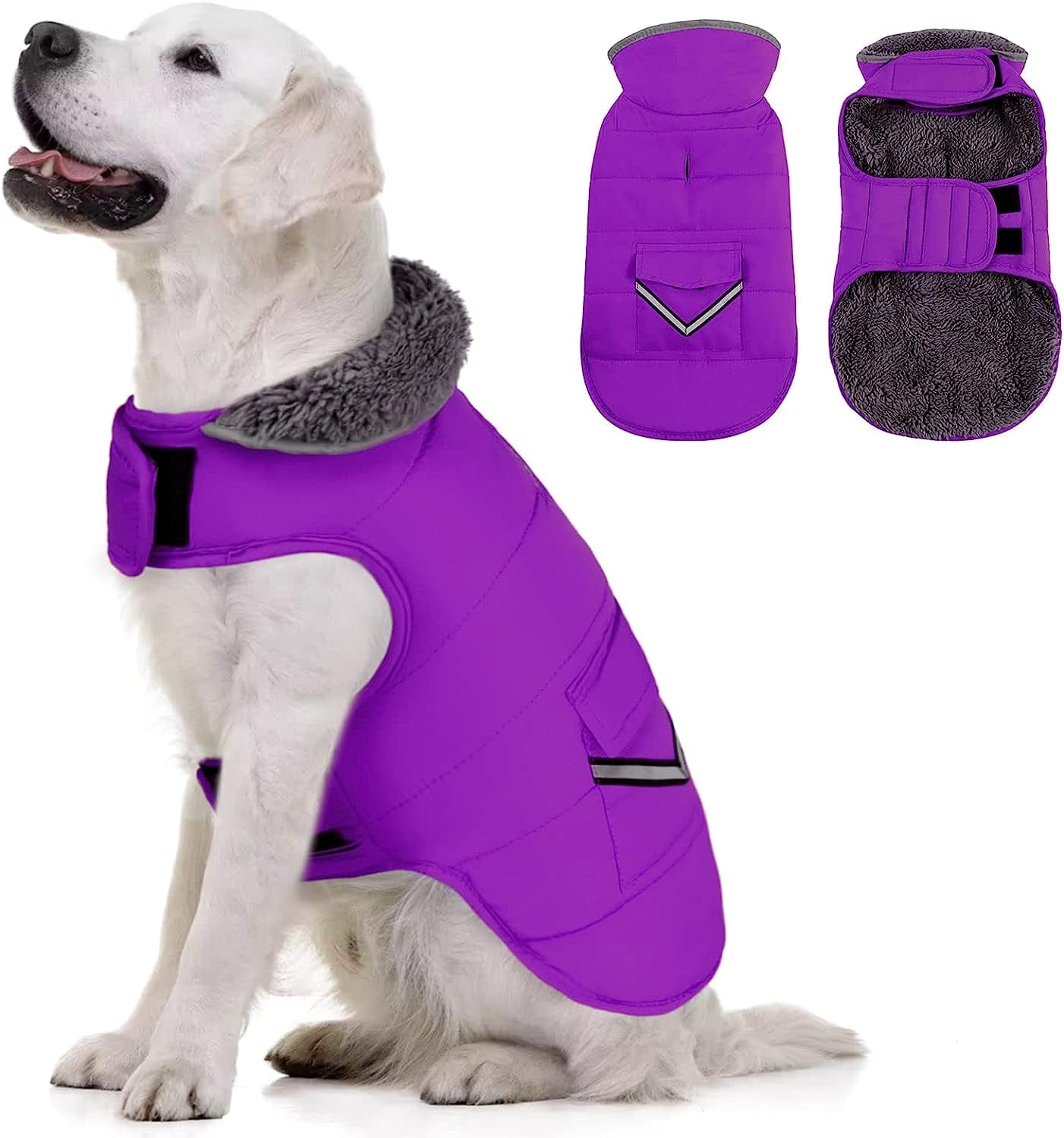 MIGOHI Warm Dog Coat, Winter Dog Jacket for Cold Weather, Reflective Windproof Dog Fleece Vest Thick Dog Apparel with Leash Hole and Furry Collar for Puppy Small Medium Large Dogs, Purple M Animals & Pet Supplies > Pet Supplies > Dog Supplies > Dog Apparel MIGOHI Purple X-Small 