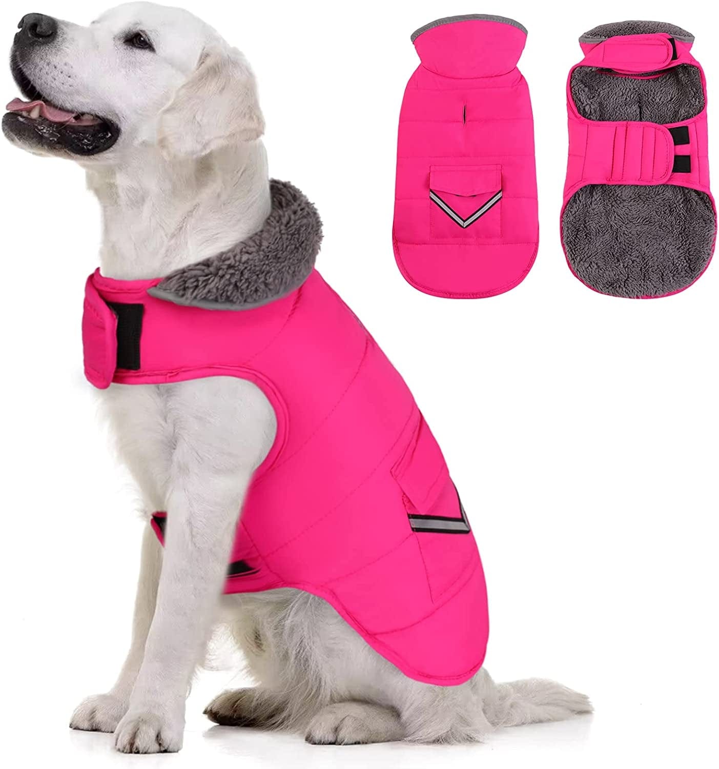 MIGOHI Warm Dog Coat, Winter Dog Jacket for Cold Weather, Reflective Windproof Dog Fleece Vest Thick Dog Apparel with Leash Hole and Furry Collar for Puppy Small Medium Large Dogs, Purple M Animals & Pet Supplies > Pet Supplies > Dog Supplies > Dog Apparel MIGOHI Pink Small 