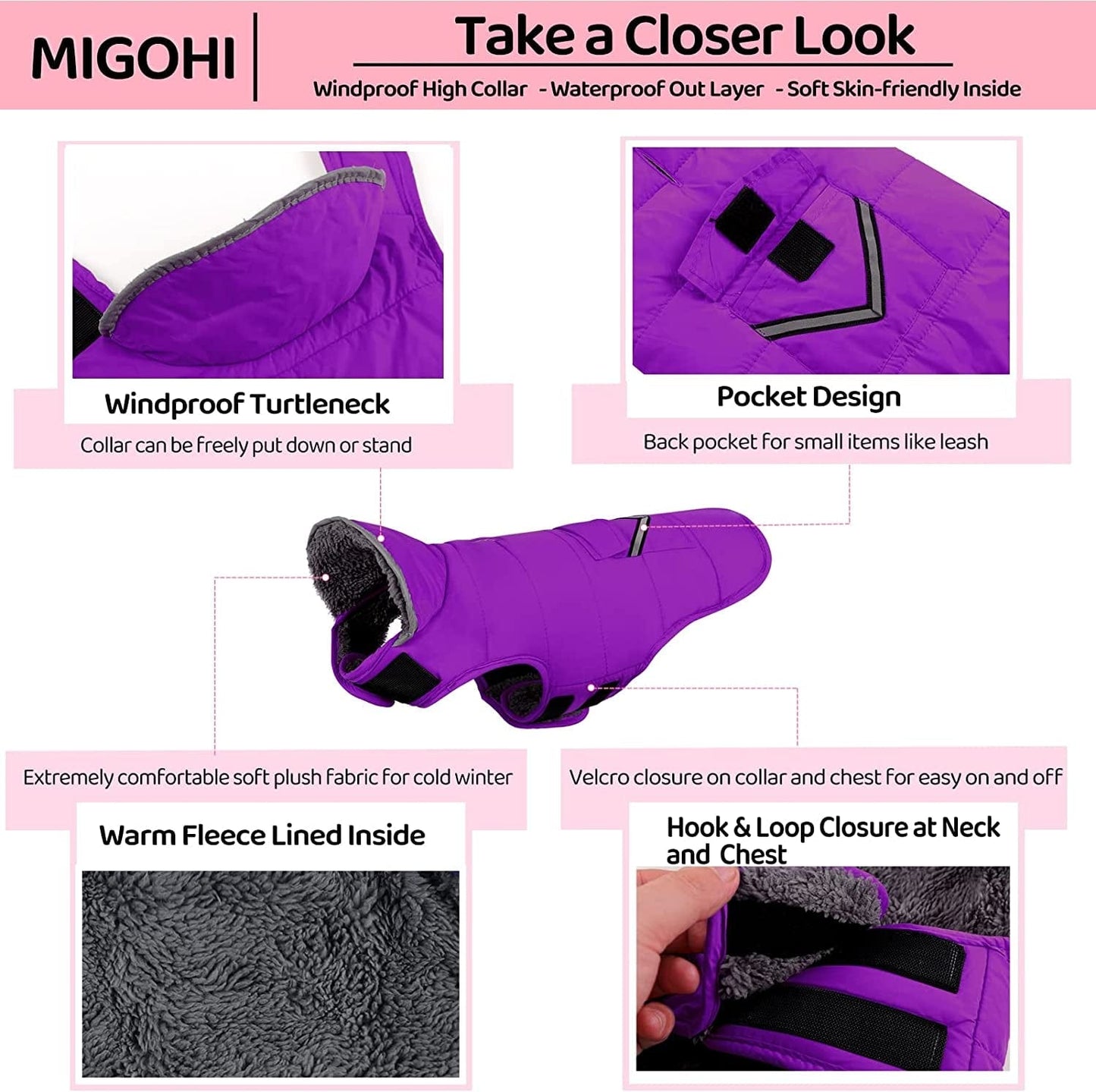 MIGOHI Warm Dog Coat, Winter Dog Jacket for Cold Weather, Reflective Windproof Dog Fleece Vest Thick Dog Apparel with Leash Hole and Furry Collar for Puppy Small Medium Large Dogs, Purple M Animals & Pet Supplies > Pet Supplies > Dog Supplies > Dog Apparel MIGOHI   