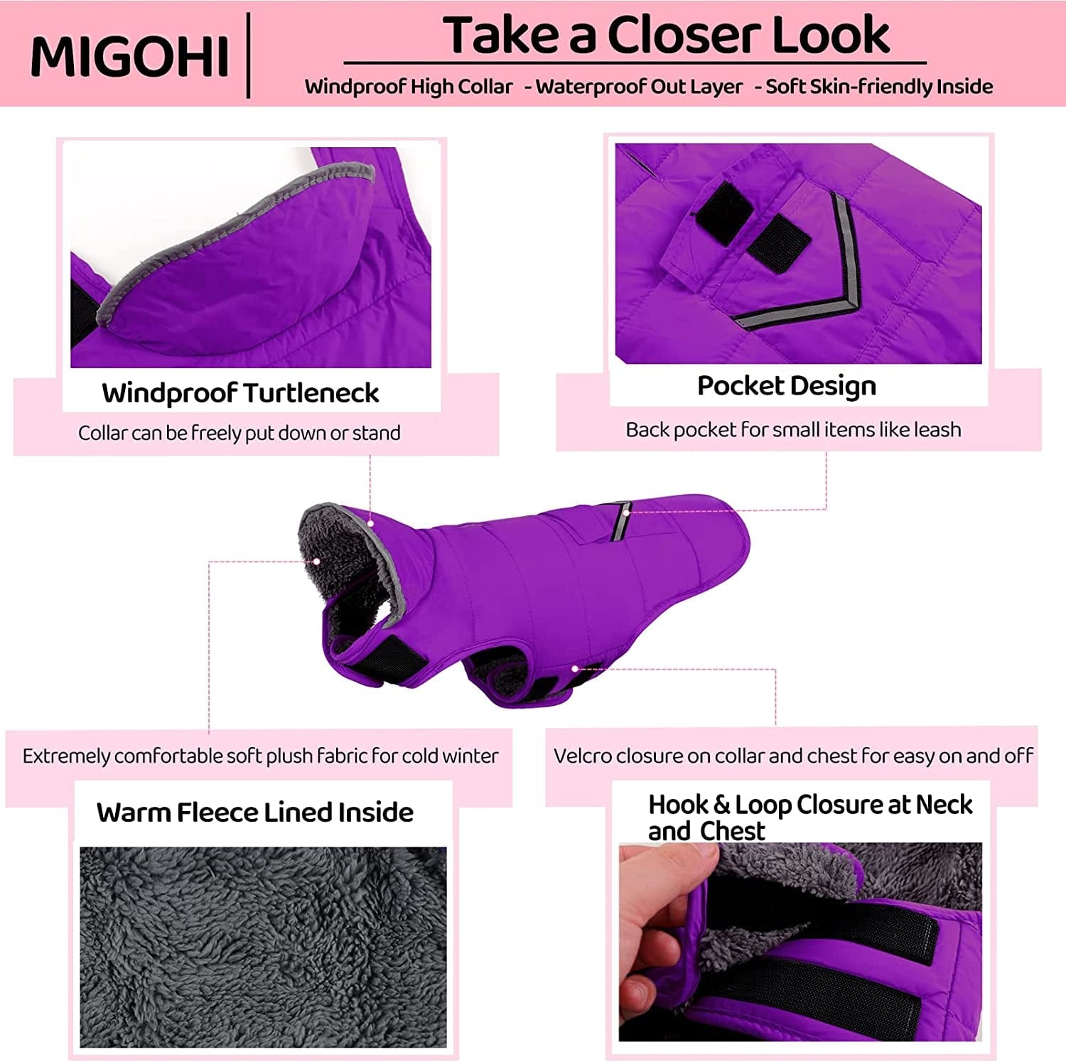 MIGOHI Warm Dog Coat, Winter Dog Jacket for Cold Weather, Reflective Windproof Dog Fleece Vest Thick Dog Apparel with Leash Hole and Furry Collar for Puppy Small Medium Large Dogs, Purple M Animals & Pet Supplies > Pet Supplies > Dog Supplies > Dog Apparel MIGOHI   