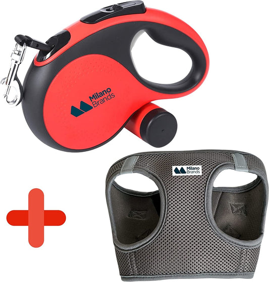 Milano Brands Set Dog Leash Retractable - with Poop Bags Dispenser/Dog Vest Harness/Step In/Air Mesh/Pull Free