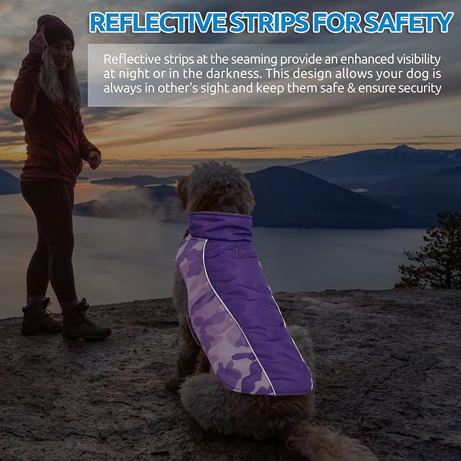 MORVIGIVE Camo Fleece Lining Winter Dog Coats, Reversible Waterproof Puppy Snow Jackets with Reflective Strips & Harness Hole, Windproof Warm Pet Vest Apparel for Small Medium Large Dogs Purple 2XL Animals & Pet Supplies > Pet Supplies > Dog Supplies > Dog Apparel MORVIGIVE   