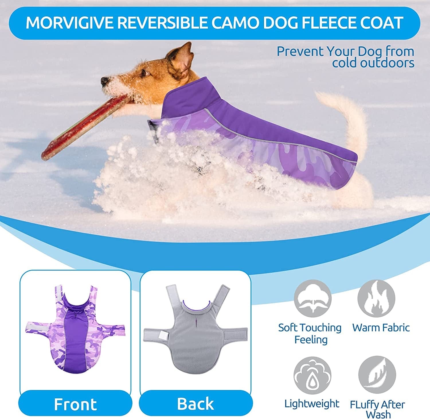 MORVIGIVE Camo Fleece Lining Winter Dog Coats, Reversible Waterproof Puppy Snow Jackets with Reflective Strips & Harness Hole, Windproof Warm Pet Vest Apparel for Small Medium Large Dogs Purple 2XL Animals & Pet Supplies > Pet Supplies > Dog Supplies > Dog Apparel MORVIGIVE   
