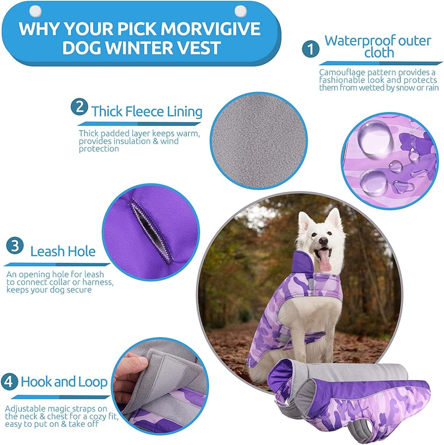 MORVIGIVE Camo Fleece Lining Winter Dog Coats, Reversible Waterproof Puppy Snow Jackets with Reflective Strips & Harness Hole, Windproof Warm Pet Vest Apparel for Small Medium Large Dogs Purple 2XL Animals & Pet Supplies > Pet Supplies > Dog Supplies > Dog Apparel MORVIGIVE   