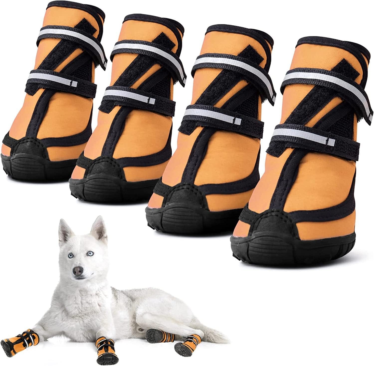 MORVIGIVE Dog Boots for Medium Large Dogs, Waterproof Winter Dog Shoes with Nonslip Rubber Soles & Reflective Straps, Outdoor Sports Pet Booties High-Ankle Paw Protectors for Walking, Hiking, Running Animals & Pet Supplies > Pet Supplies > Dog Supplies > Dog Apparel MORVIGIVE Orange Small 