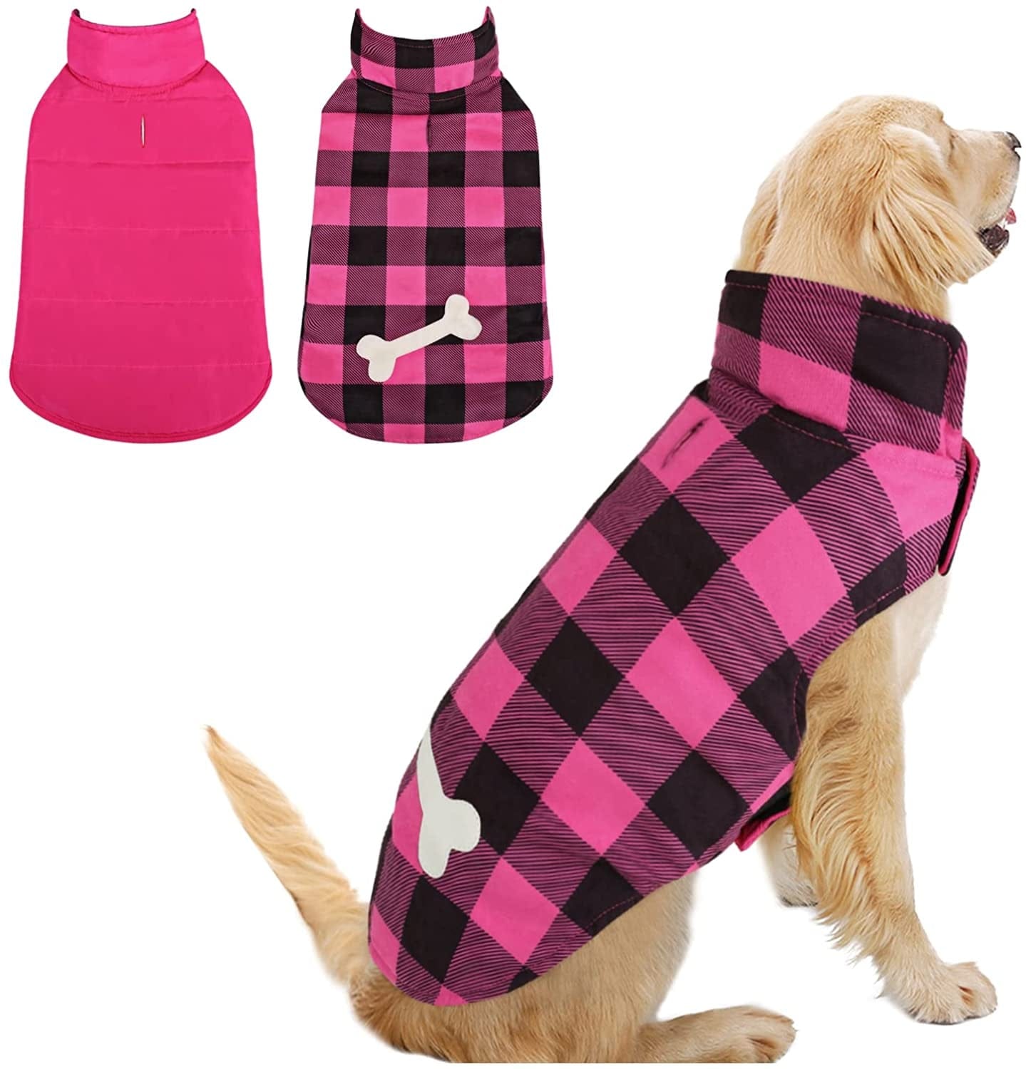 MORVIGIVE Reversible Plaid Winter Dog Coats, Waterproof British Style Puppy Snow Jacket with Harness Hole High Collar, Windproof Cold Weather Dog Vest Warm Pet Apparel for Small Medium Large Dogs Animals & Pet Supplies > Pet Supplies > Dog Supplies > Dog Apparel MORVIGIVE Hot Pink Large 