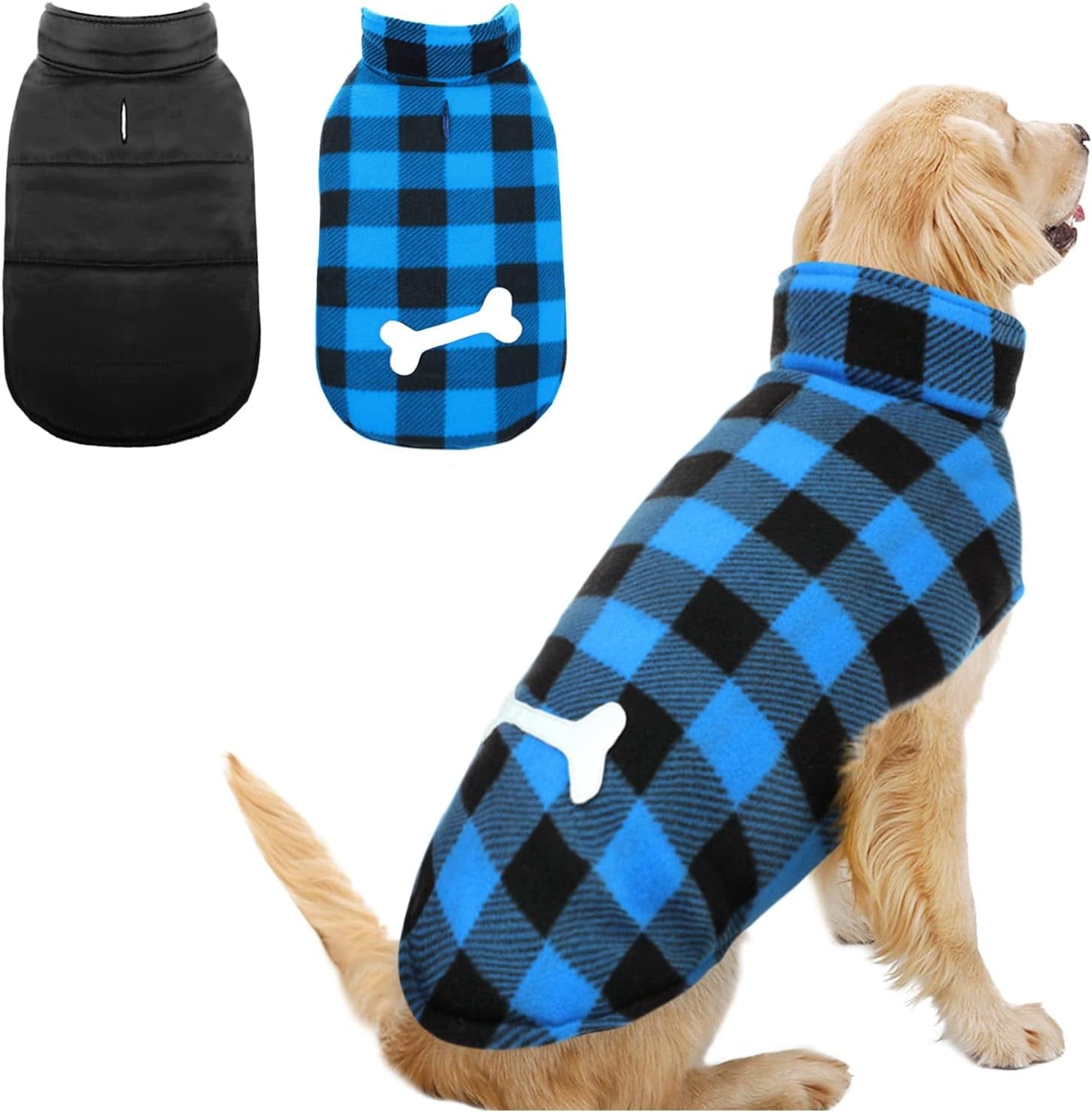 MORVIGIVE Reversible Plaid Winter Dog Coats, Waterproof British Style Puppy Snow Jacket with Harness Hole High Collar, Windproof Cold Weather Dog Vest Warm Pet Apparel for Small Medium Large Dogs Animals & Pet Supplies > Pet Supplies > Dog Supplies > Dog Apparel MORVIGIVE Blue Medium 