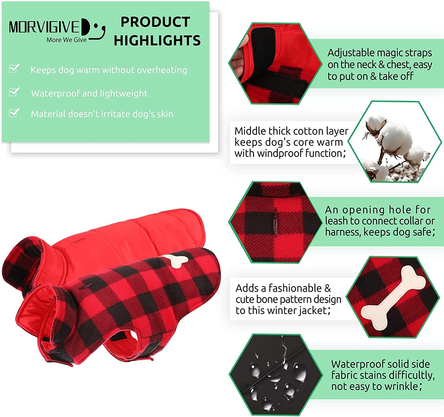 MORVIGIVE Reversible Plaid Winter Dog Coats, Waterproof British Style Puppy Snow Jacket with Harness Hole High Collar, Windproof Cold Weather Dog Vest Warm Pet Apparel for Small Medium Large Dogs Animals & Pet Supplies > Pet Supplies > Dog Supplies > Dog Apparel MORVIGIVE   