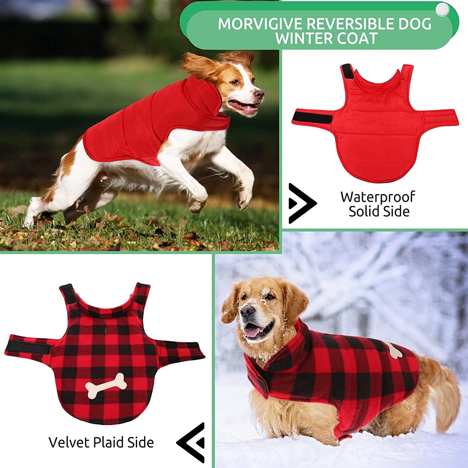 MORVIGIVE Reversible Plaid Winter Dog Coats, Waterproof British Style Puppy Snow Jacket with Harness Hole High Collar, Windproof Cold Weather Dog Vest Warm Pet Apparel for Small Medium Large Dogs Animals & Pet Supplies > Pet Supplies > Dog Supplies > Dog Apparel MORVIGIVE   