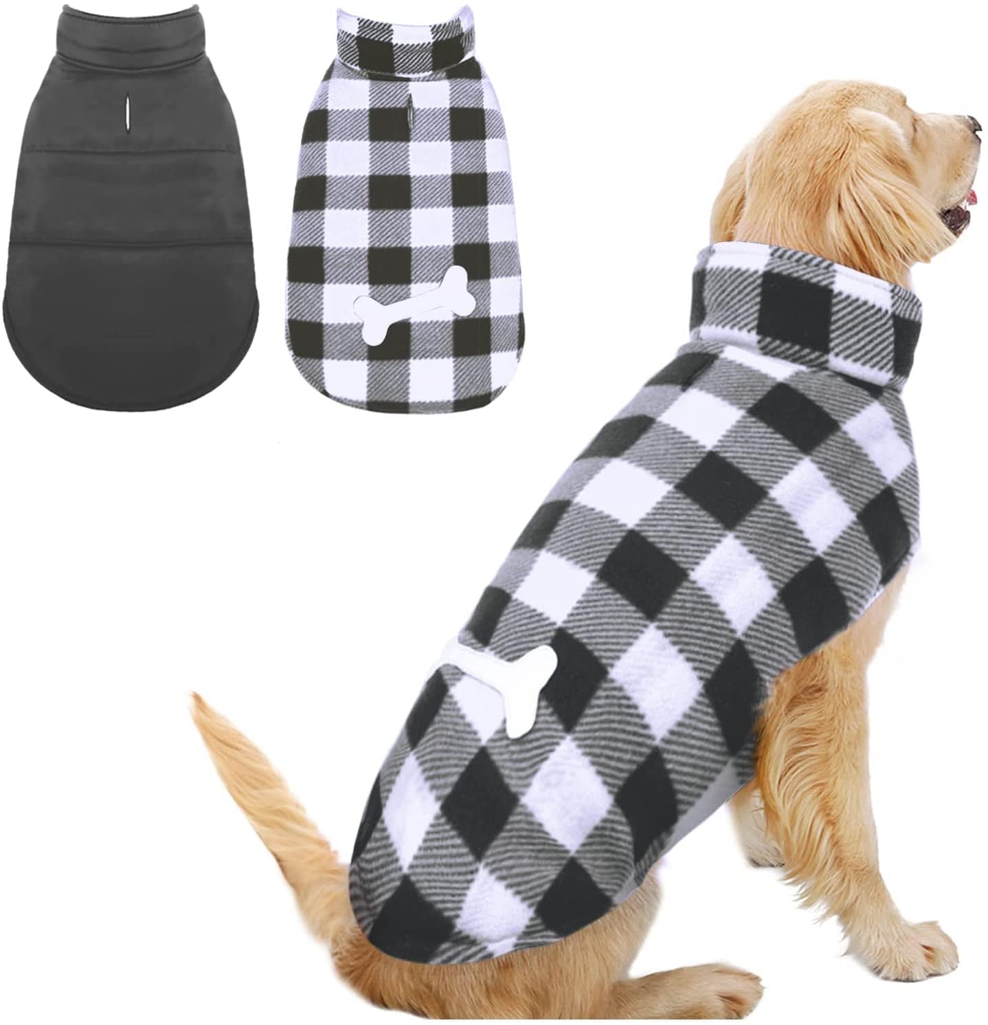 MORVIGIVE Reversible Plaid Winter Dog Coats, Waterproof British Style Puppy Snow Jacket with Harness Hole High Collar, Windproof Cold Weather Dog Vest Warm Pet Apparel for Small Medium Large Dogs Animals & Pet Supplies > Pet Supplies > Dog Supplies > Dog Apparel MORVIGIVE Black XX-Large 