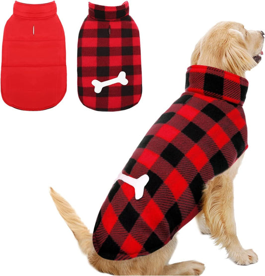 MORVIGIVE Reversible Plaid Winter Dog Coats, Waterproof British Style Puppy Snow Jacket with Harness Hole High Collar, Windproof Cold Weather Dog Vest Warm Pet Apparel for Small Medium Large Dogs Animals & Pet Supplies > Pet Supplies > Dog Supplies > Dog Apparel MORVIGIVE Red XX-Large 