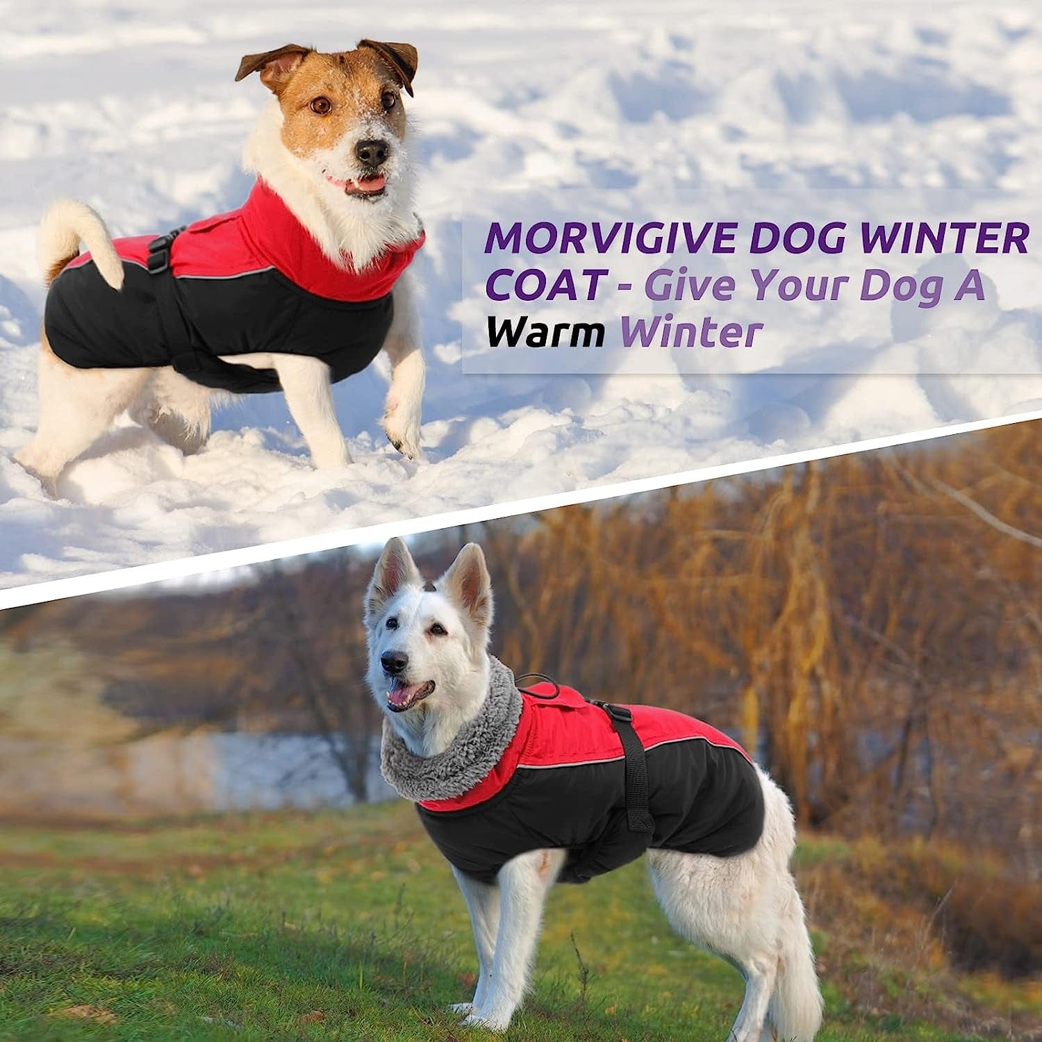 MORVIGIVE Windproof Turtleneck Winter Dog Coat, Thickened Fleece Lining Dog Jacket with Buckle Closure & Harness Hole, Reflective Cold Weather Dog Vest Clothes Pet Apparel for Small Medium Large Dogs Animals & Pet Supplies > Pet Supplies > Dog Supplies > Dog Apparel MORVIGIVE   