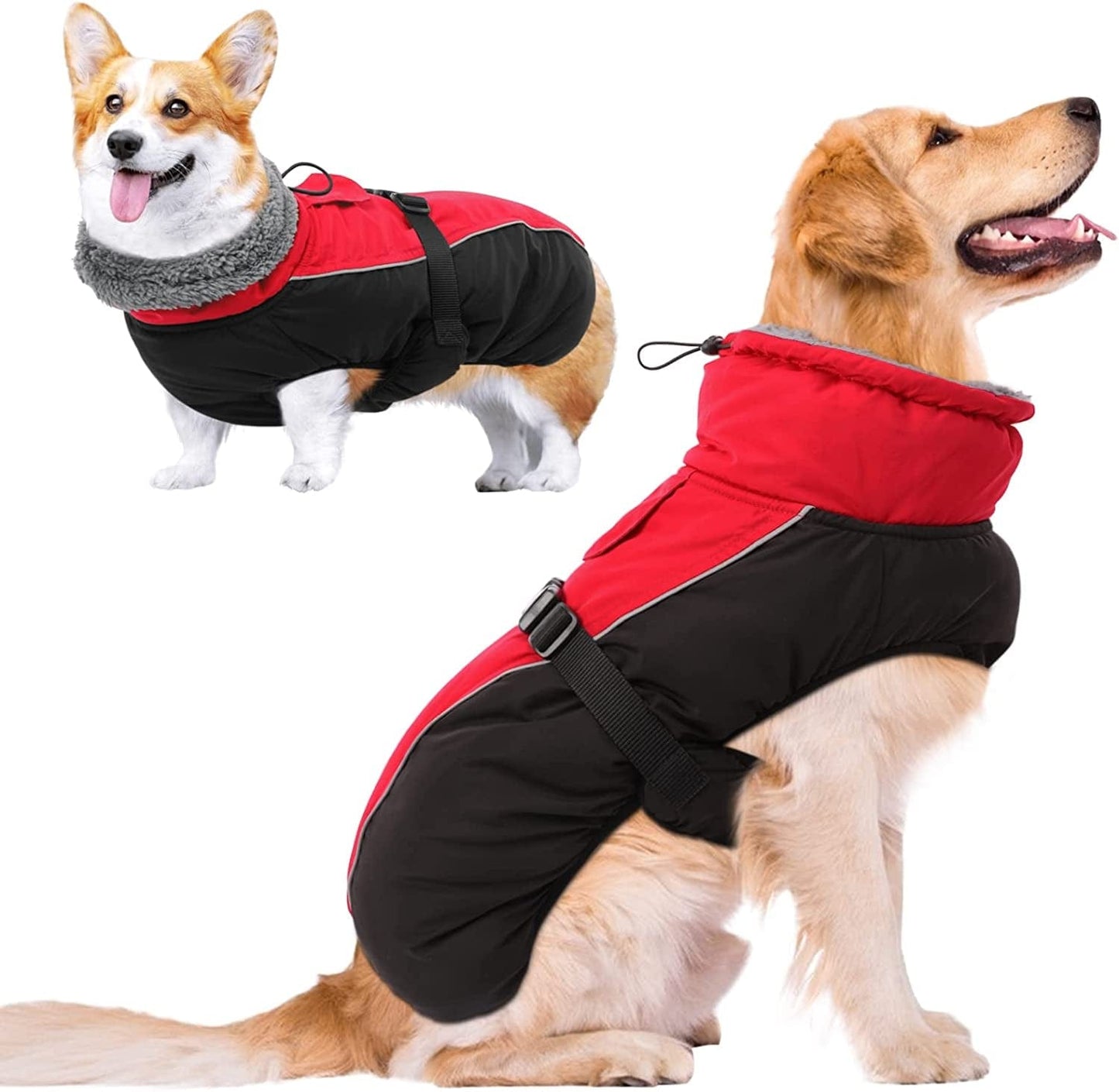 MORVIGIVE Windproof Turtleneck Winter Dog Coat, Thickened Fleece Lining Dog Jacket with Buckle Closure & Harness Hole, Reflective Cold Weather Dog Vest Clothes Pet Apparel for Small Medium Large Dogs Animals & Pet Supplies > Pet Supplies > Dog Supplies > Dog Apparel MORVIGIVE Red Large 