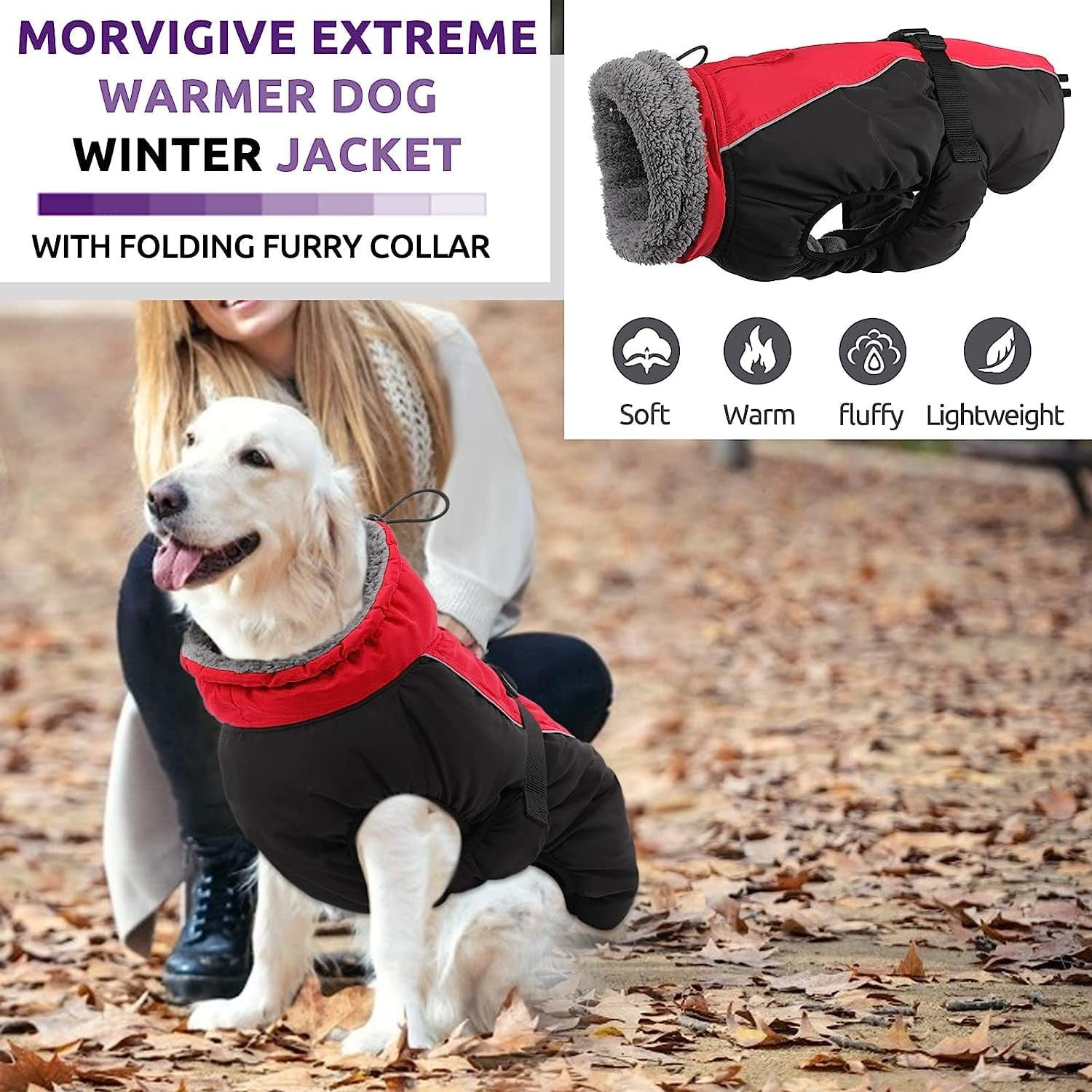 MORVIGIVE Windproof Turtleneck Winter Dog Coat, Thickened Fleece Lining Dog Jacket with Buckle Closure & Harness Hole, Reflective Cold Weather Dog Vest Clothes Pet Apparel for Small Medium Large Dogs Animals & Pet Supplies > Pet Supplies > Dog Supplies > Dog Apparel MORVIGIVE   