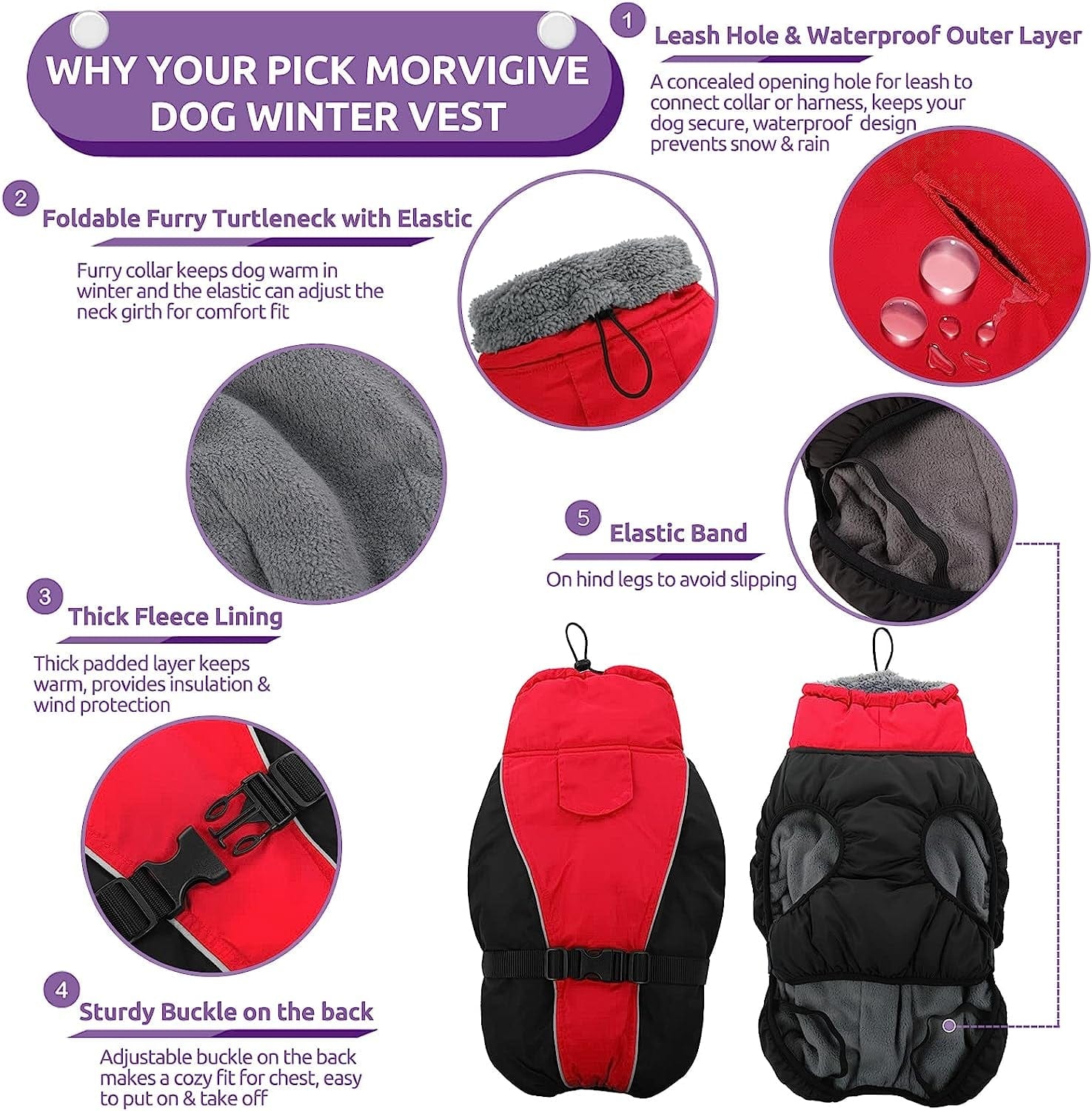 MORVIGIVE Windproof Turtleneck Winter Dog Coat, Thickened Fleece Lining Dog Jacket with Buckle Closure & Harness Hole, Reflective Cold Weather Dog Vest Clothes Pet Apparel for Small Medium Large Dogs Animals & Pet Supplies > Pet Supplies > Dog Supplies > Dog Apparel MORVIGIVE   