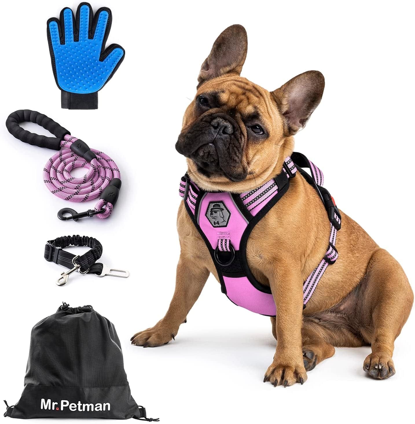 MR. PETMAN No Pull Dog Harness with Leash, Seat Belt, Grooming Glove - No Choke Dog Harness Set for Small Medium Large Dogs- Reflective Adjustable Dog Vest Harnesses with Handle for Walking Training Animals & Pet Supplies > Pet Supplies > Dog Supplies > Dog Apparel Mr. Petman Baby Pink Medium 